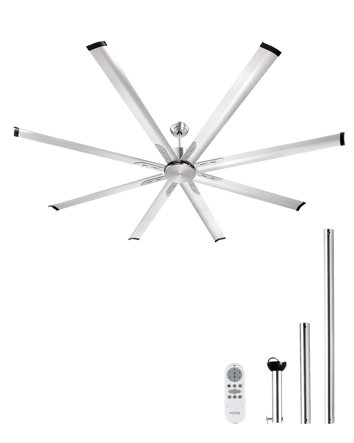 VEVOR - 84 In Ceiling Fan without Light, 6-Speed Remote Control, Aluminum 8-Blade, Reversible DC Motor - Silver