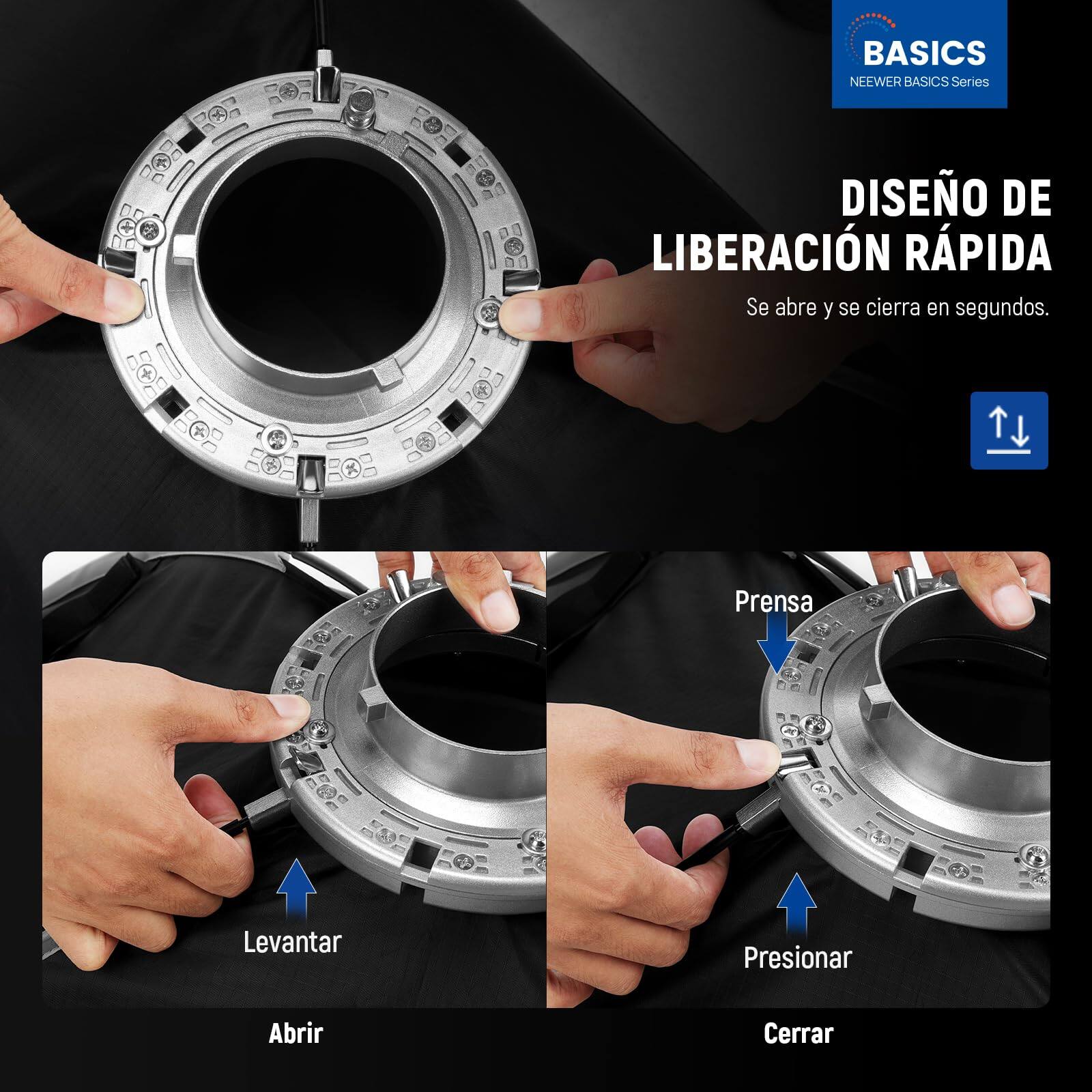 BASICS  
NEEWER BASICS Series  

DISEÑO DE LIBERACIÓN RÁPIDA  
Se abre y se cierra en segundos.  

Levantar  
Abrir  
Presionar  
Cerrar