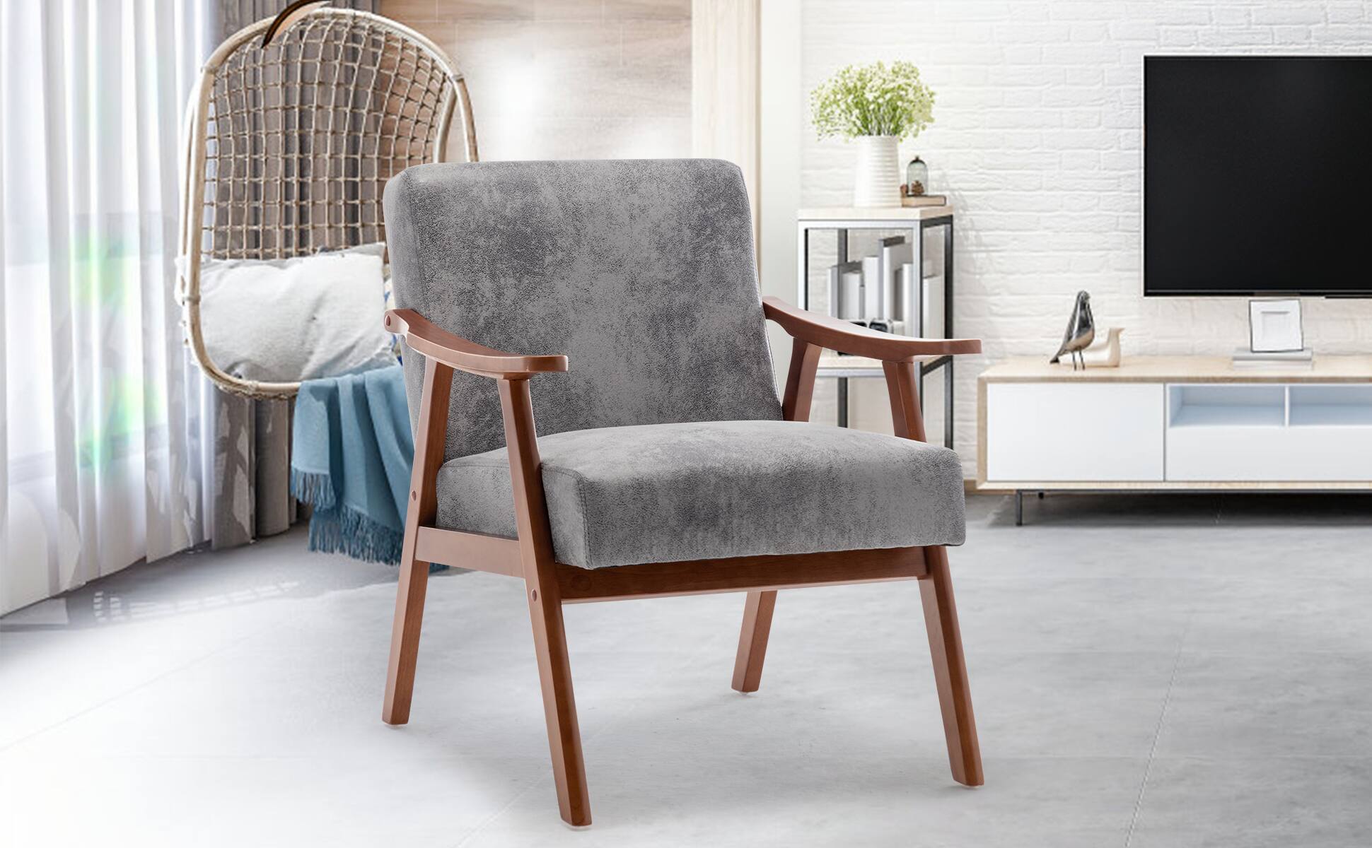 Alt View 2. Trinkets Crazed - Accent Chair Mid Century Modern Armchair with Wood Legs Upholstered Lounge Chairs Comfy Cushion for Living Room Bedroom - Grey.