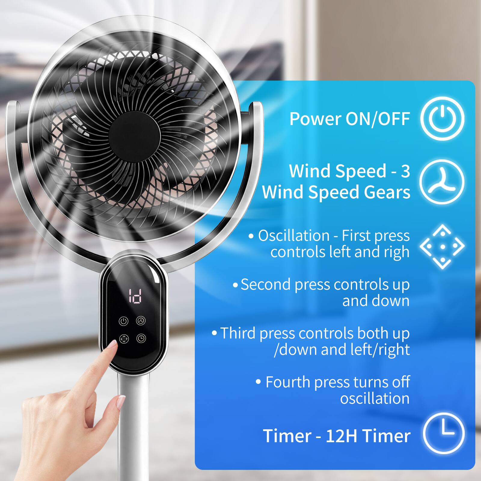 Power ON/OFF  
Wind Speed - 3  
Wind Speed Gears  
Oscillation -  
First press controls left and right  
Second press controls up and down  
Third press controls both up/down and left/right  
Fourth press turns off oscillation  
Timer - 12H Timer