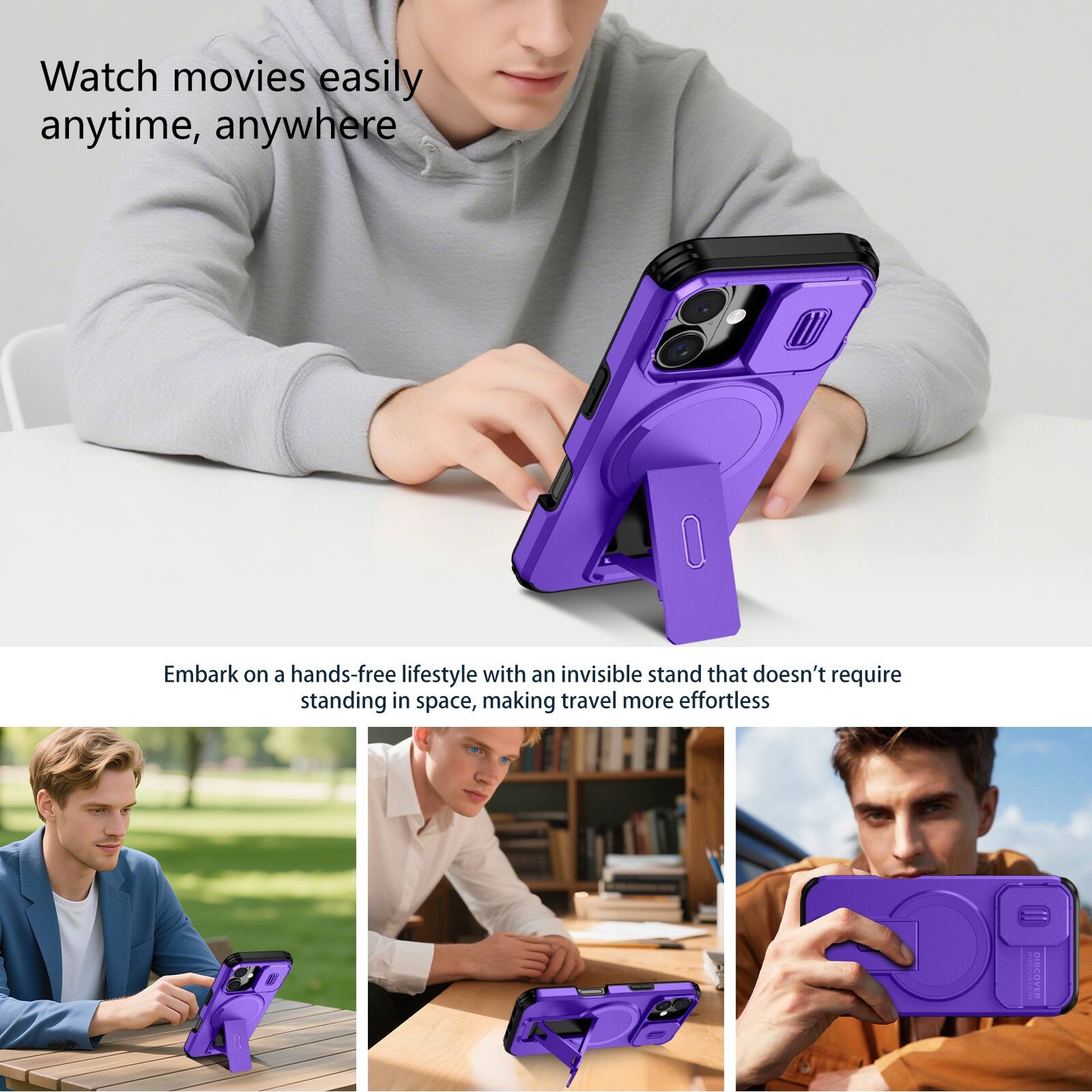 Watch movies easily anytime, anywhere

Embark on a hands-free lifestyle with an invisible stand that doesn't require standing in space, making travel more effortless