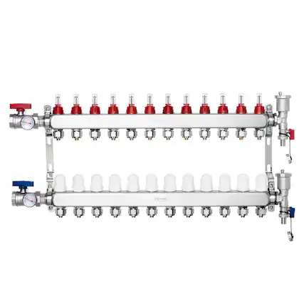 Front. VEVOR - 12-Branch Radiant Heat Manifold,1/2" PEX Tubing Manifold,Stainless Steel PEX Manifold for Hydronic Radiant Floor Heating - Silver.