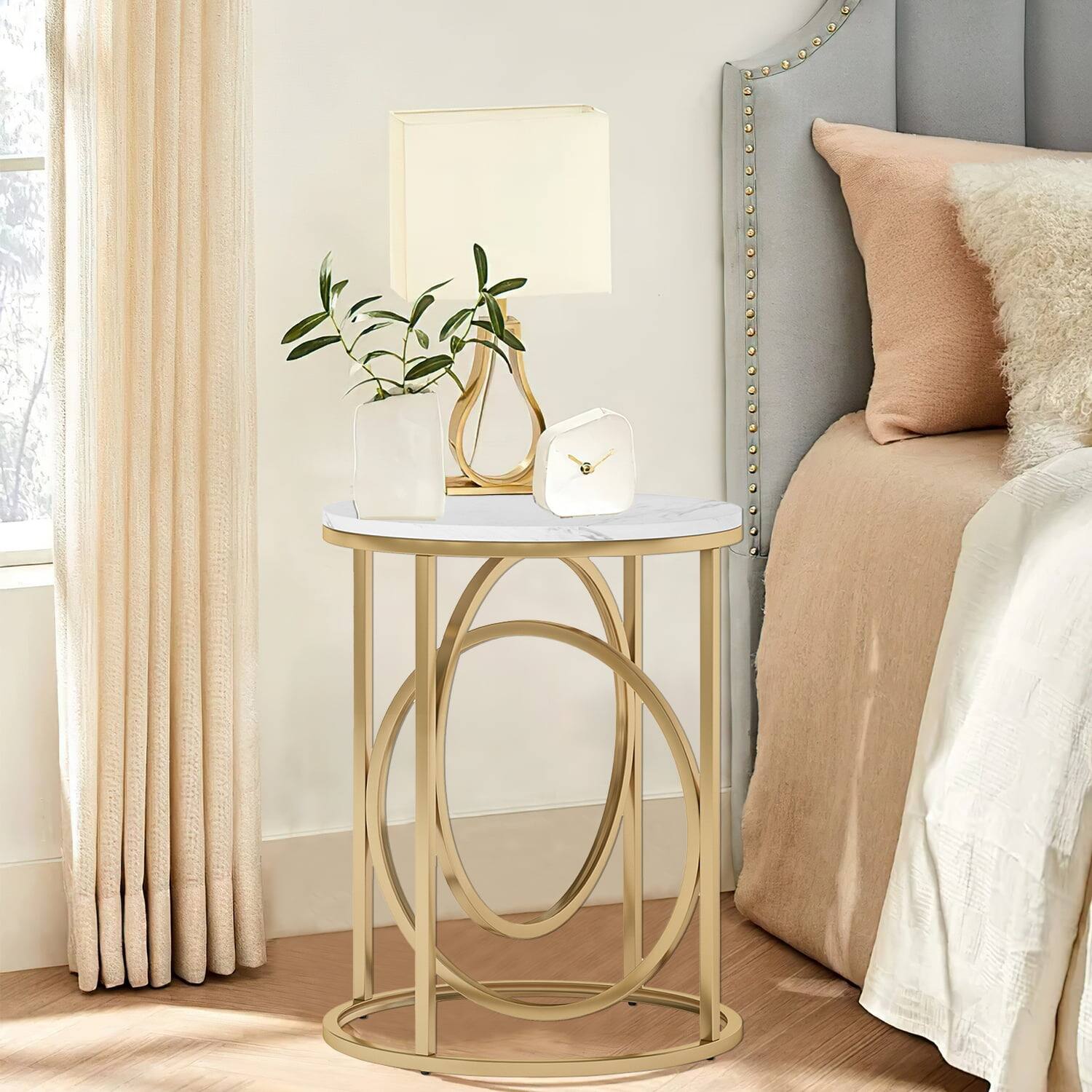 Front. Kadyn - Kadyn Bedside Table, Bed Side Table,Nightstand, Round End Table, Modern Sofa Side Table with Faux Marble Top - White & Gold.