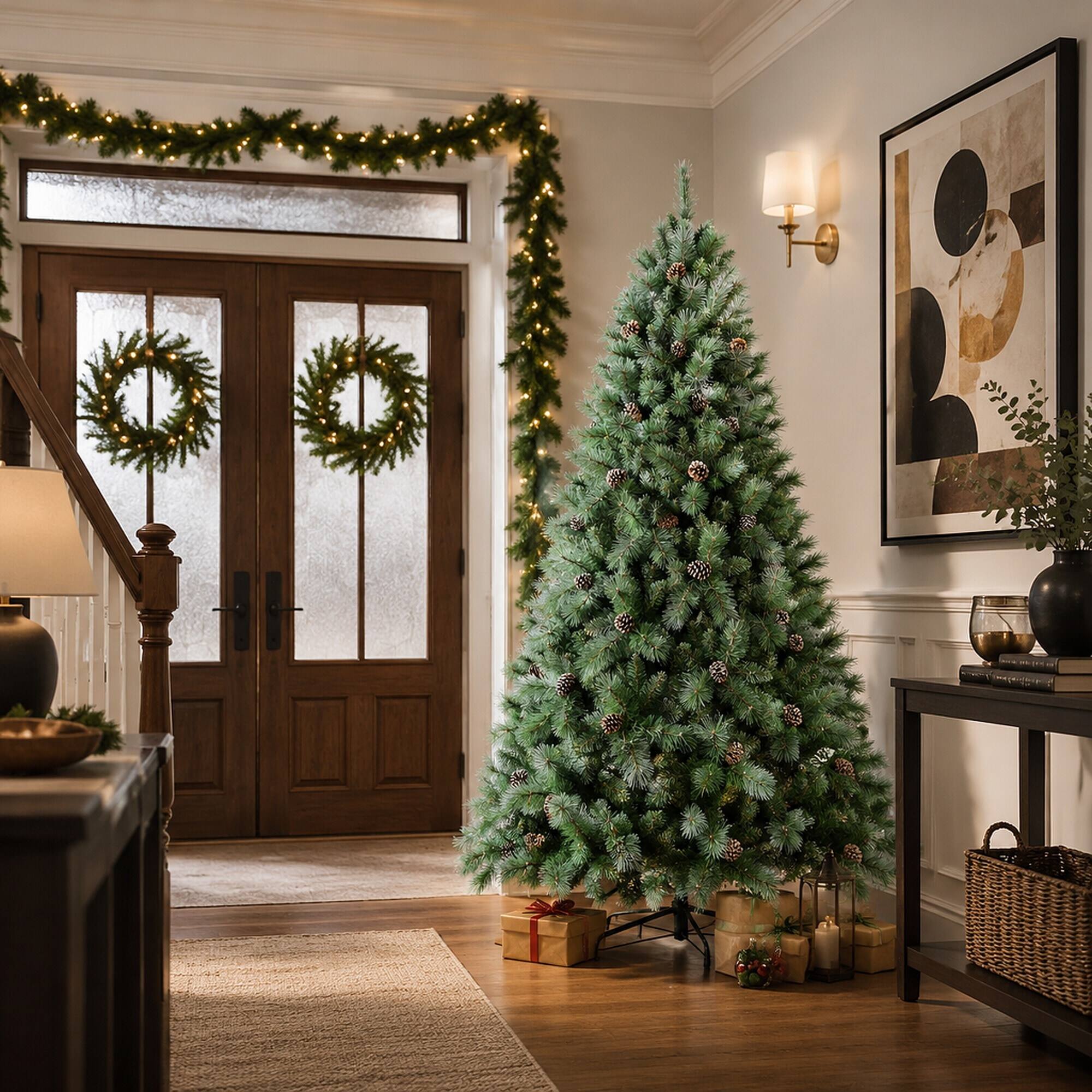 Alt View 2. RYHNUYNE - 7FT Christmas Tree With 82 Pine Cones, 1348 Mixed PVC Hard Needle Branches Hinged Structure Sturdy Metal Stand - Green.