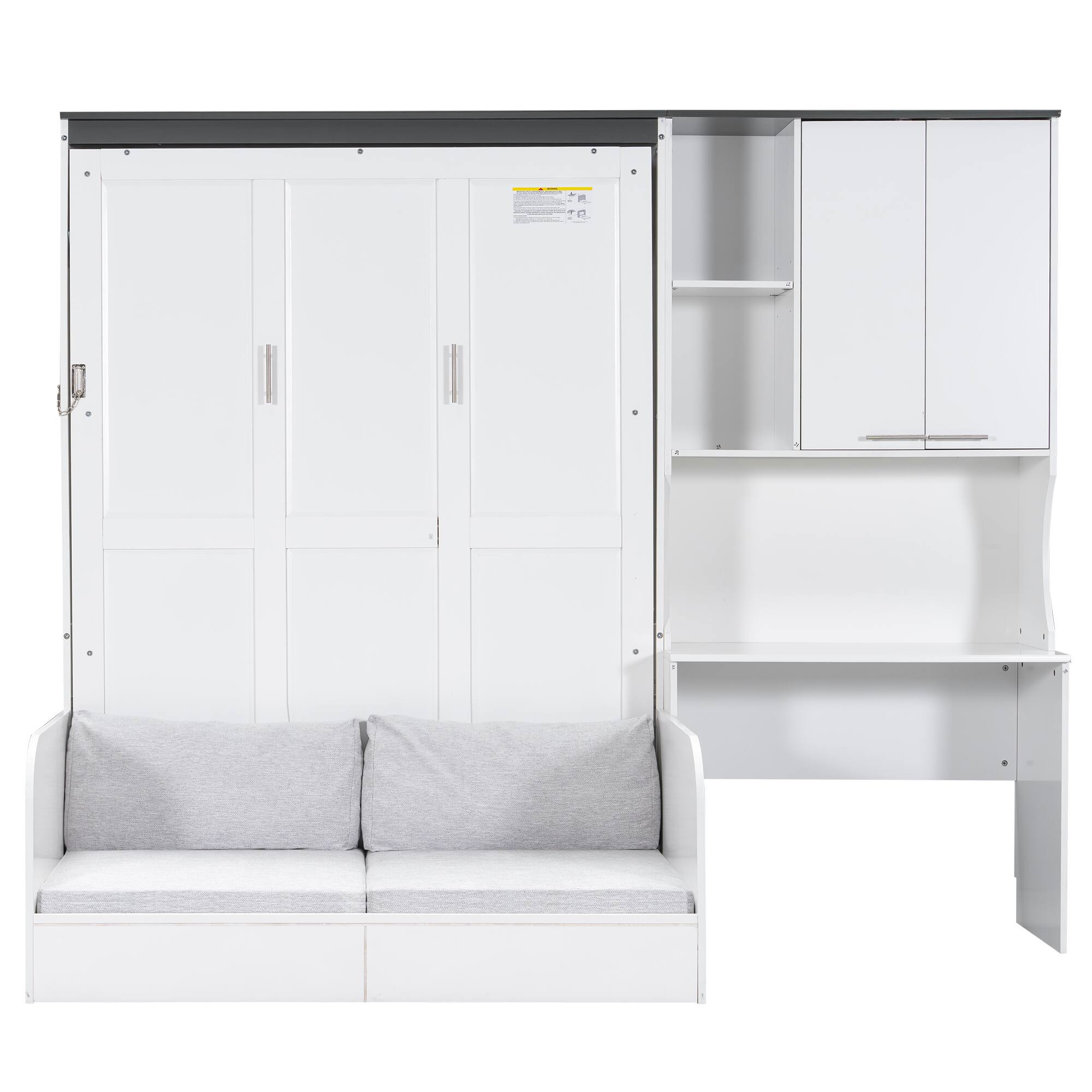 Back. Whisen - Full Size Murphy Bed with Folding Sofa, Integrated Desk and Storage Cabinet, Space-Saving Bed - White.