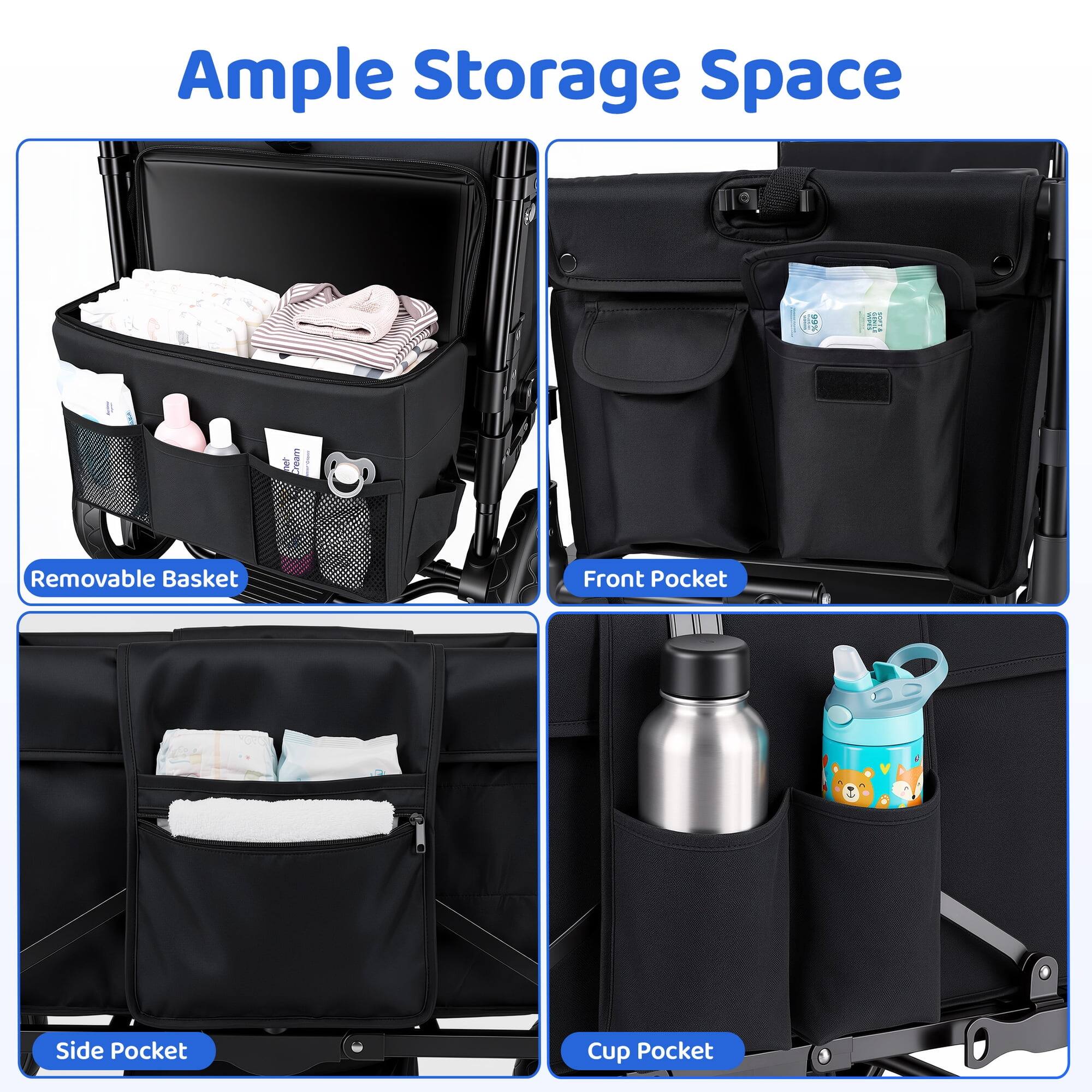 Ample Storage Space

- Removable Basket
- Front Pocket
- Side Pocket
- Cup Pocket