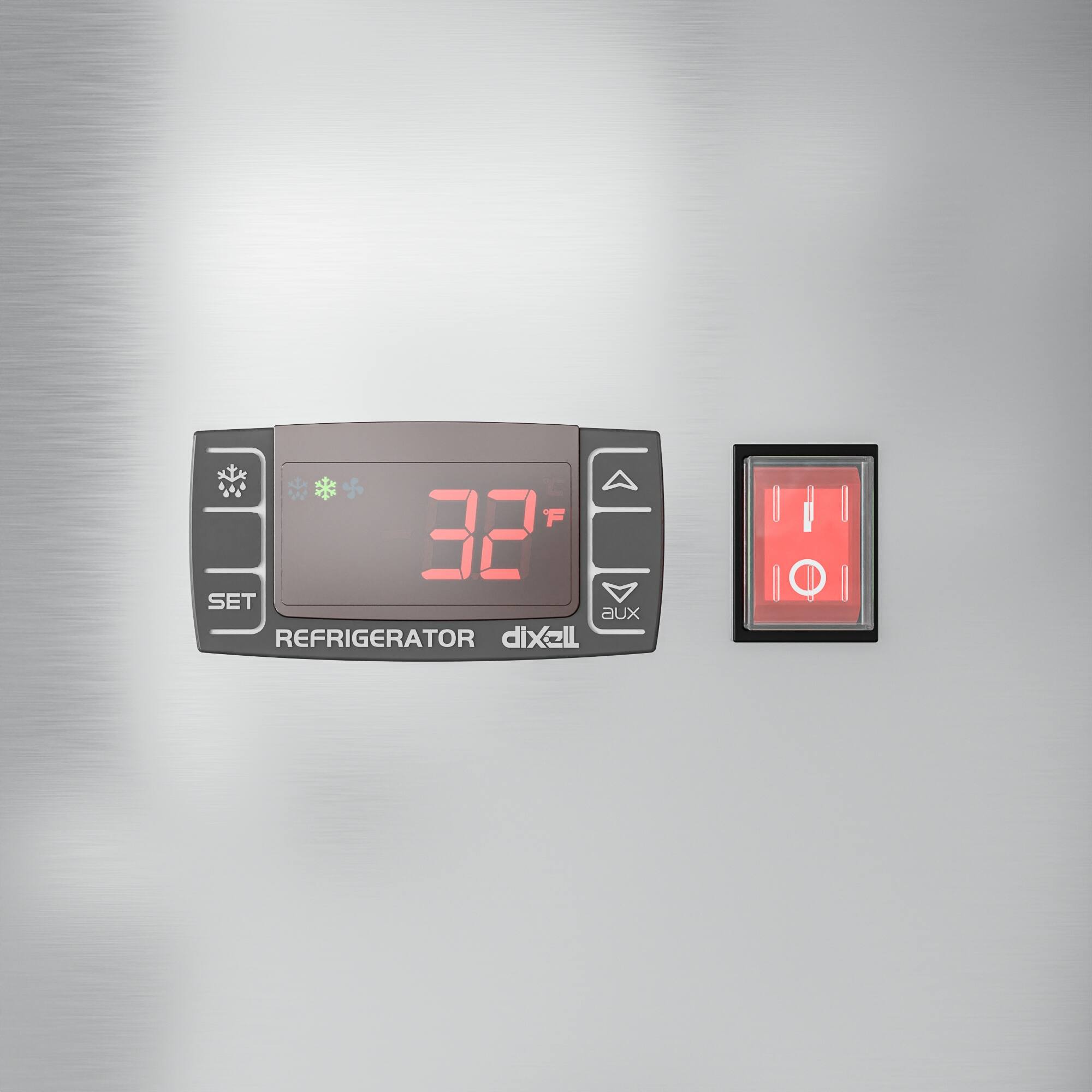The text on the image reads "32° SET aux REFRIGERATOR Dixell." This suggests that the device is a refrigerator with a temperature setting of 32 degrees Celsius (or 89.6 degrees Fahrenheit). The device also has an auxiliary function, as indicated by the "aux" label. The brand of the refrigerator is Dixell.