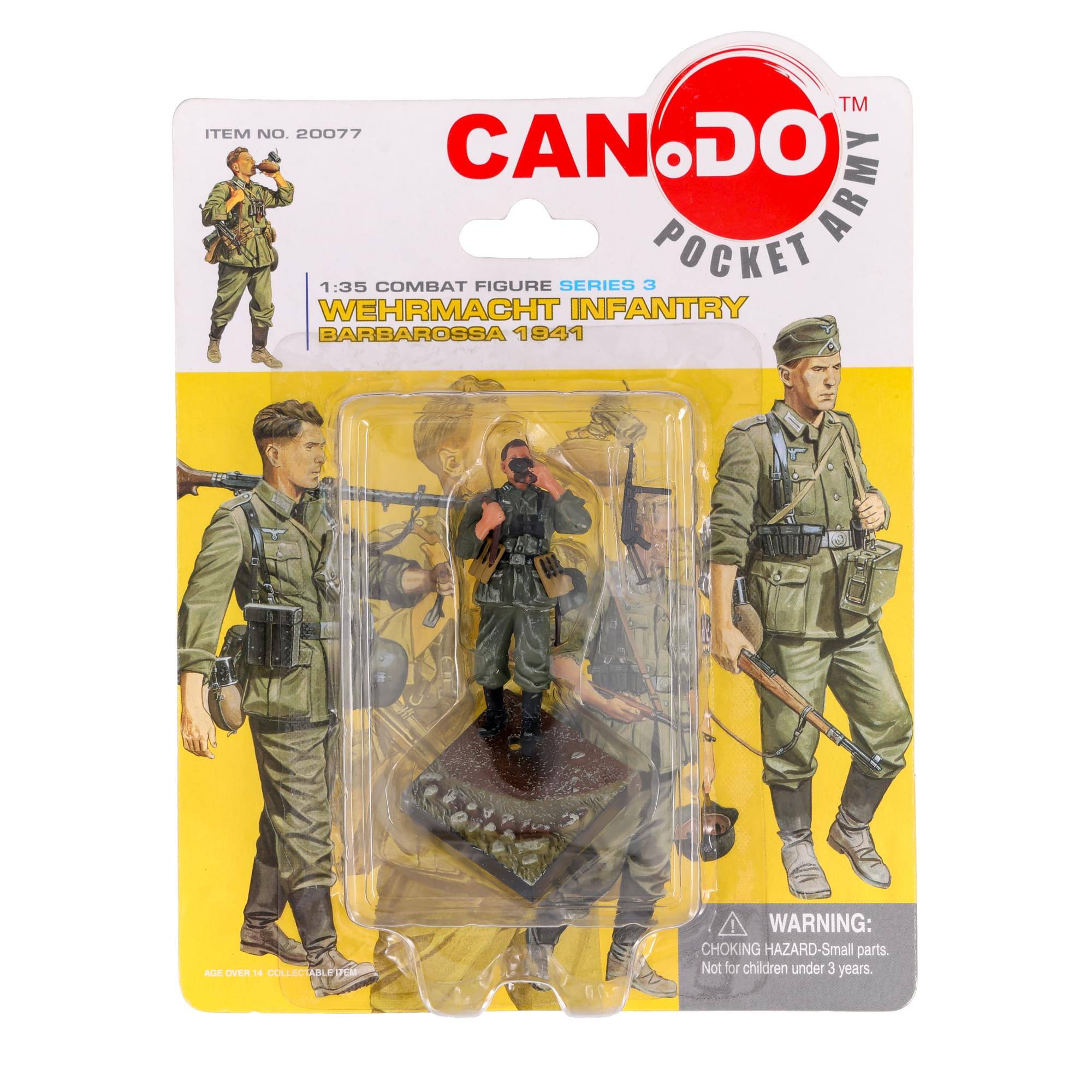 CAN DO  
POCKET ARMY  

ITEM NO. 20077  

1:35 COMBAT FIGURE SERIES 3  
WEHRMACHT INFANTRY  
BARBAROSSA 1941  

WARNING:  
CHOKING HAZARD - Small parts. Not for children under 3 years.  

AGE OVER 14 COLLECTABLE TOYS