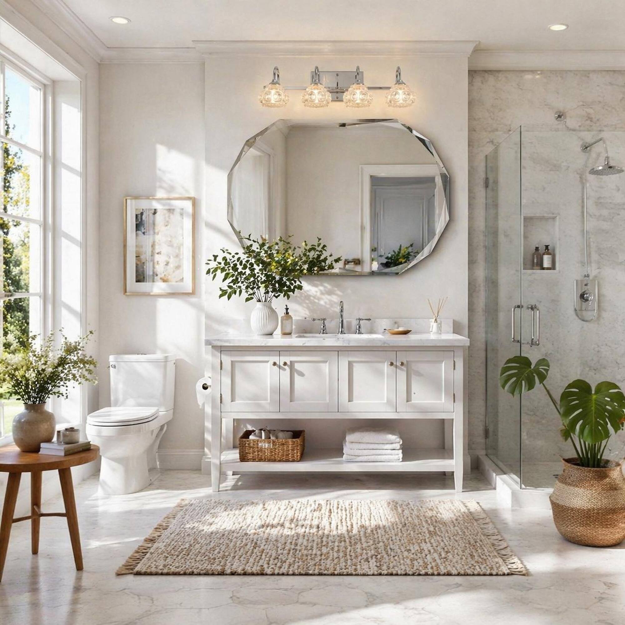 Angle. RYHNUYNE - 23-Inch Nickel Vanity Light with Crystal Accents – 4-Light Wall-Mounted Bathroom Fixture with Clear Glass Shades.