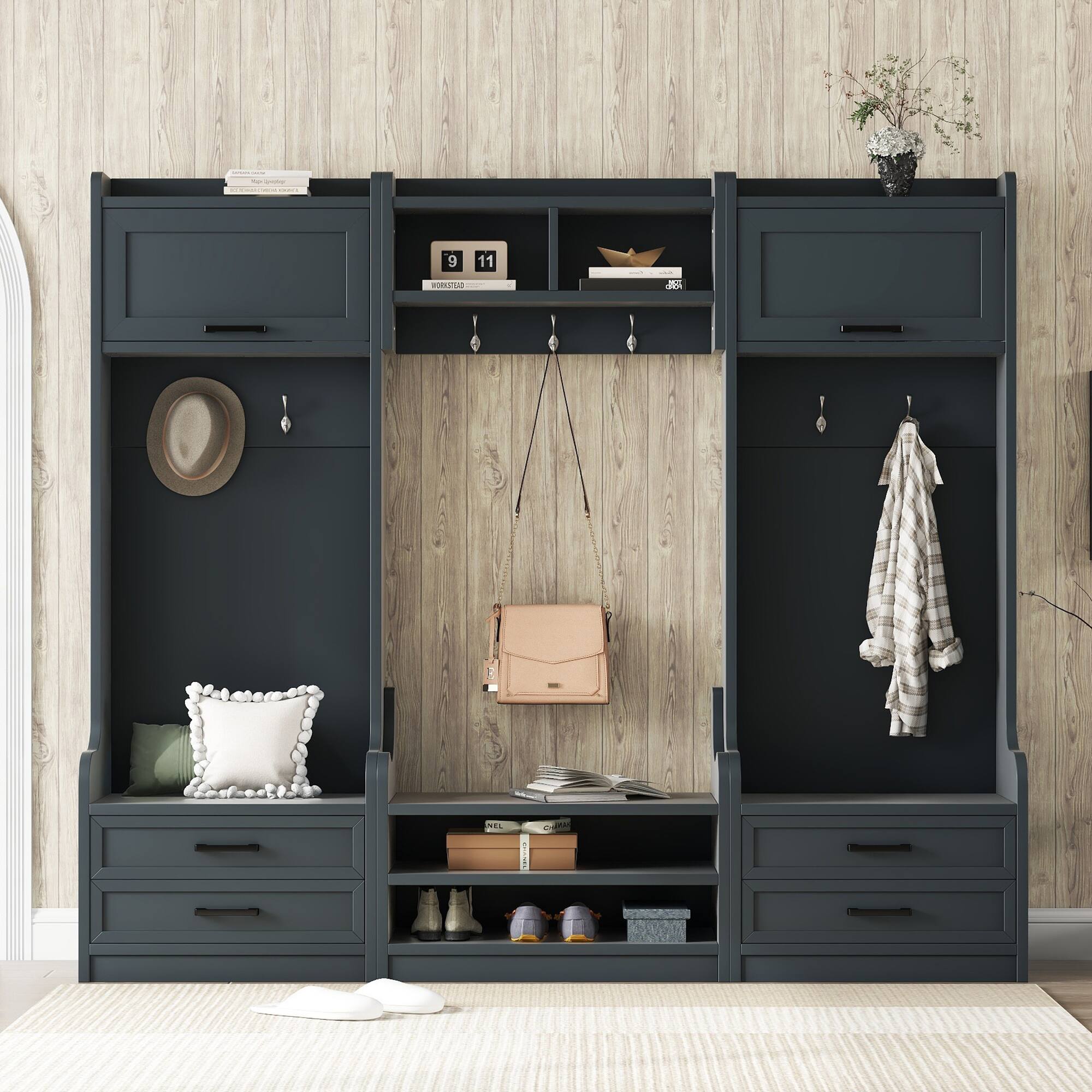 Left. Whisen - 4-in-1 Detachable Hall Tree with Storage Bench, Entryway Coat Rack with Drawers and Cabinets - Antique Blue.
