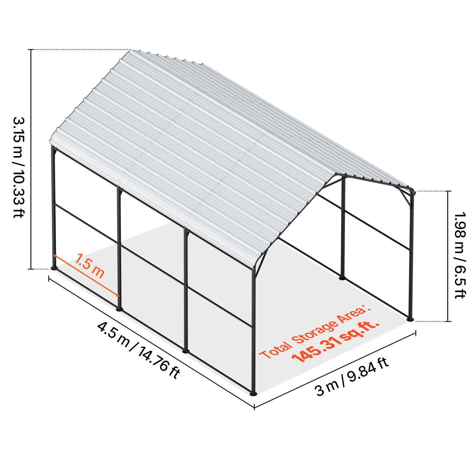3.15 m / 10.33 ft  
1.5 m  
4.5 m / 14.76 ft  
1.98 m / 6.5 ft  
3 m / 9.84 ft  

Total Storage Area: 145.31 sq.ft.