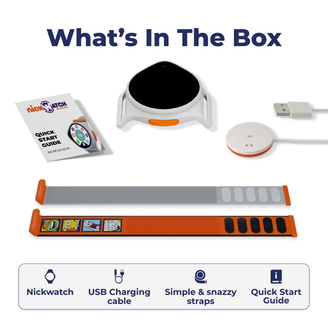 What's In The Box: nickWATCH - Quick Start Guide, USB Charging, Simple & Snazzy, Quick Start cable straps.