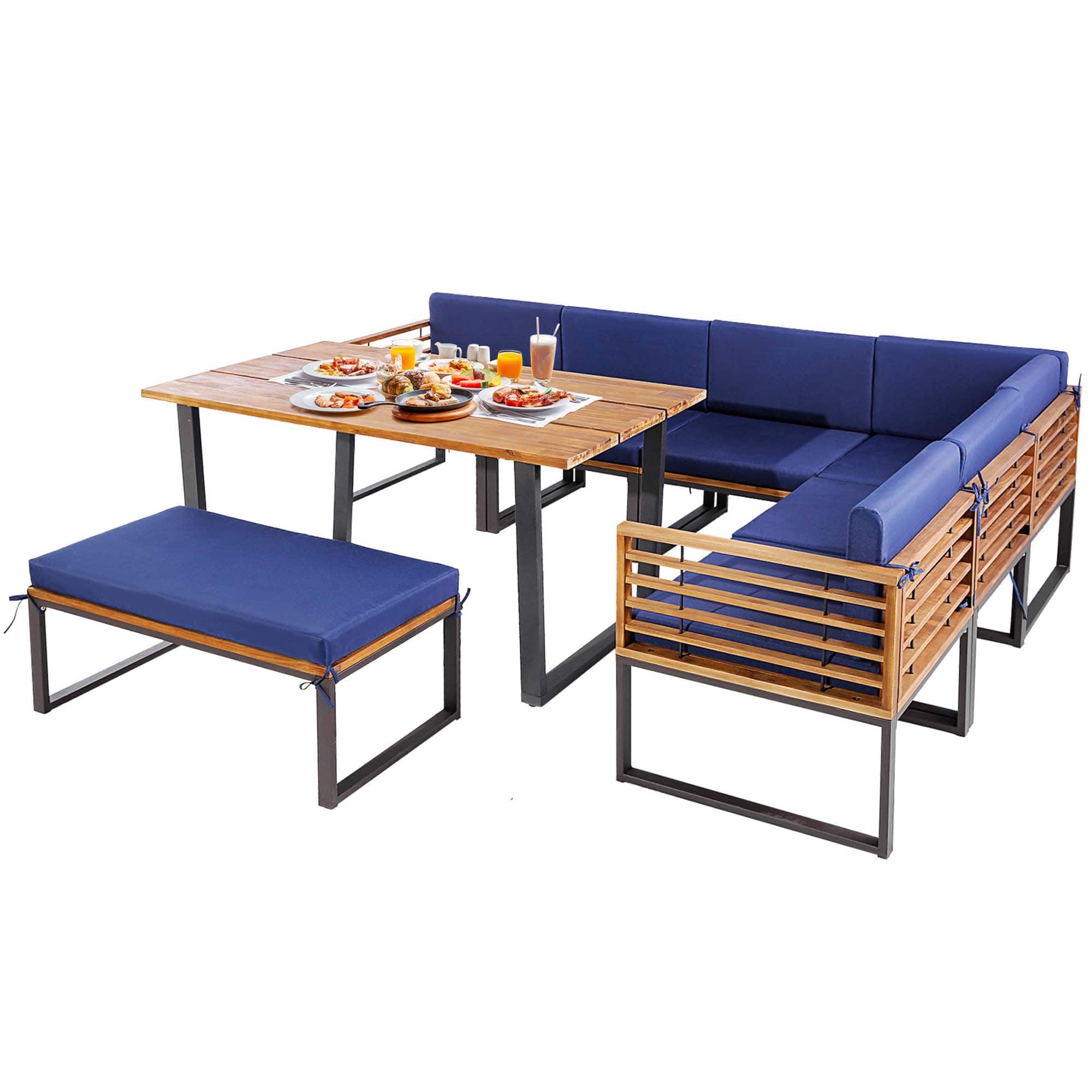 Costway - 8pcs Patio Acacia Wood Dining Table & Ottoman Sofa Chair Set Outdoor Furniture - Black,Natural,Navy Blue