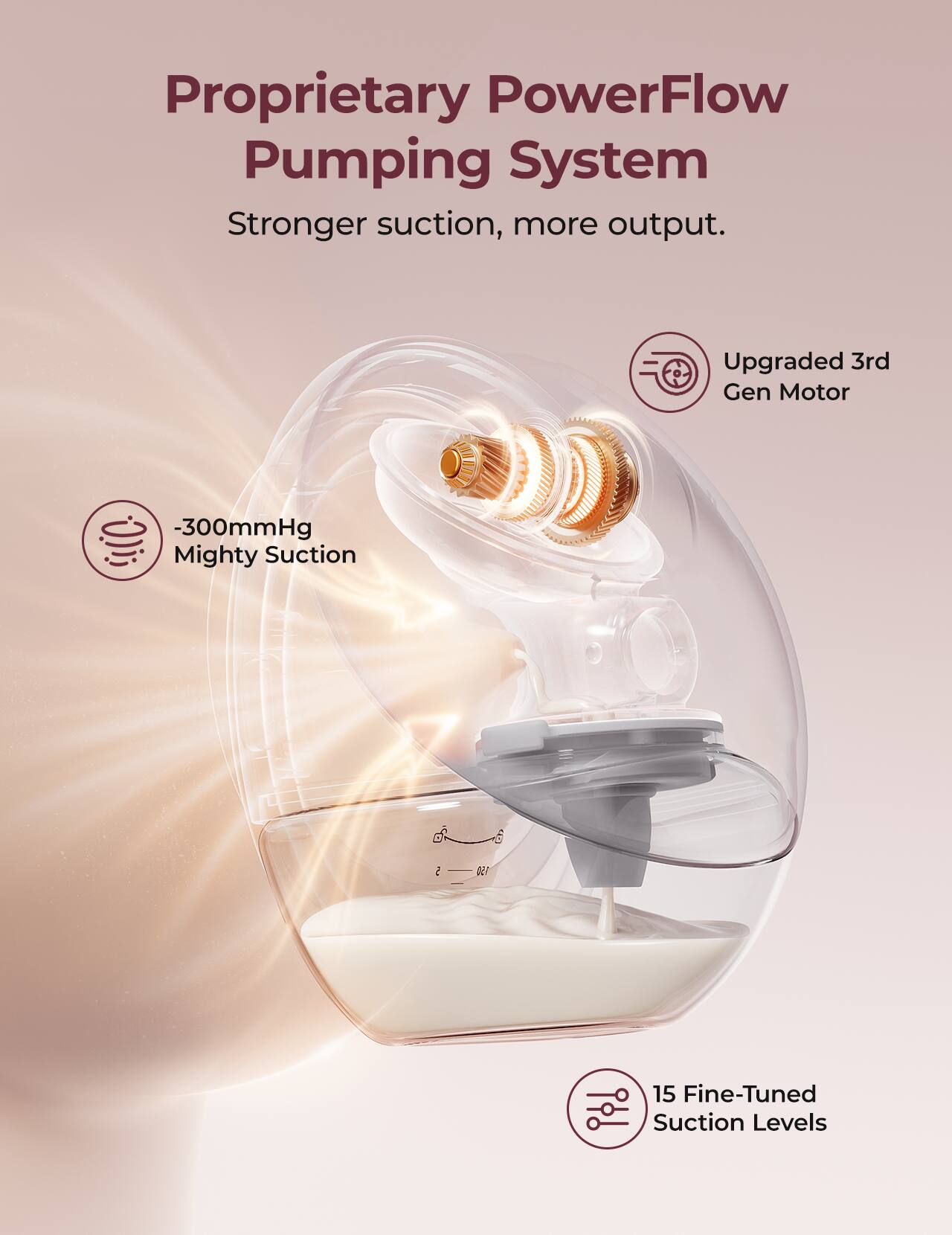 Proprietary PowerFlow Pumping System
Stronger suction, more output.
Upgraded 3rd Gen Motor
-300mmHg Mighty Suction
15 Fine-Tuned Suction Levels