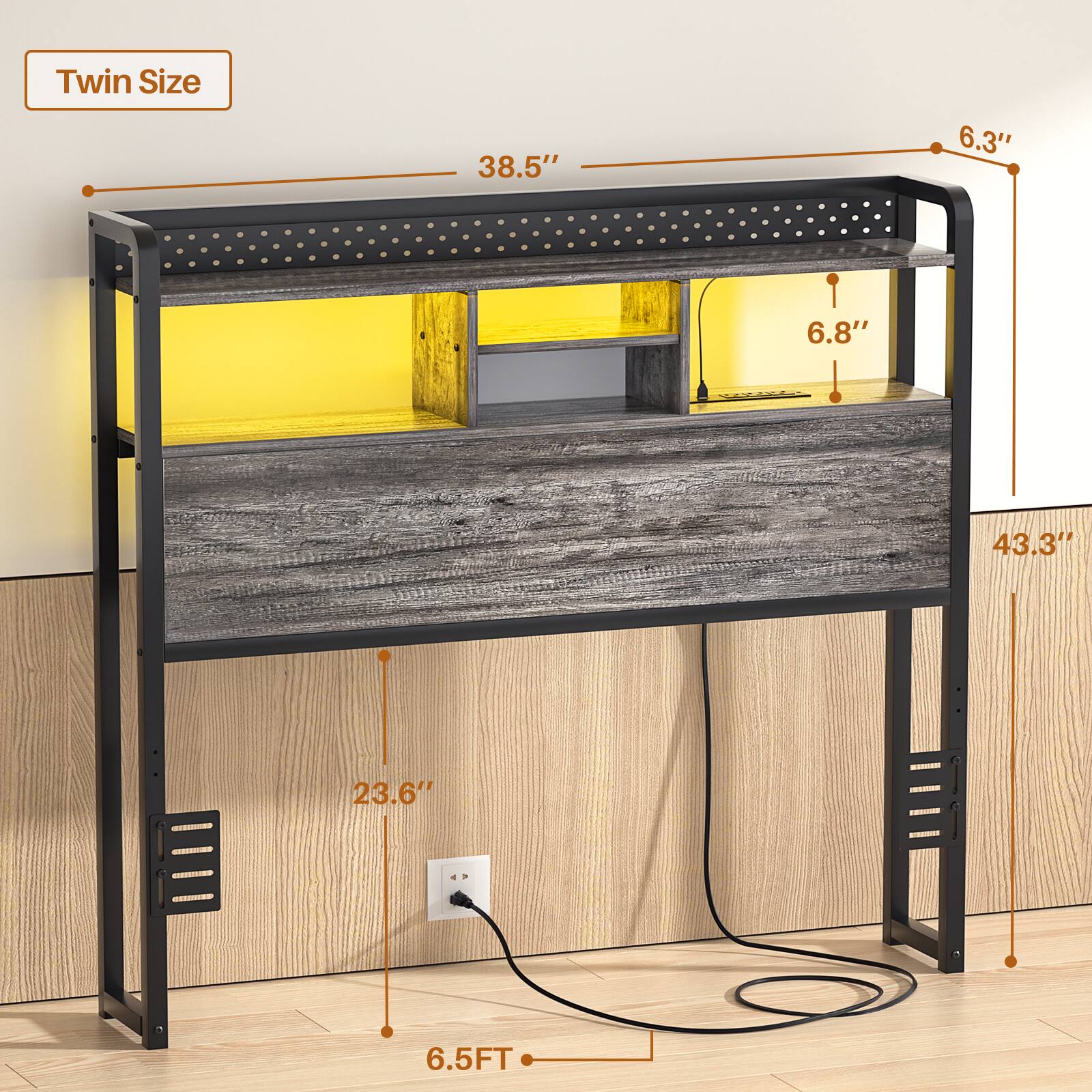 Twin Size  
38.5" x 6.3" x 6.8" x 43.3" x 23.6"  
6.5FT