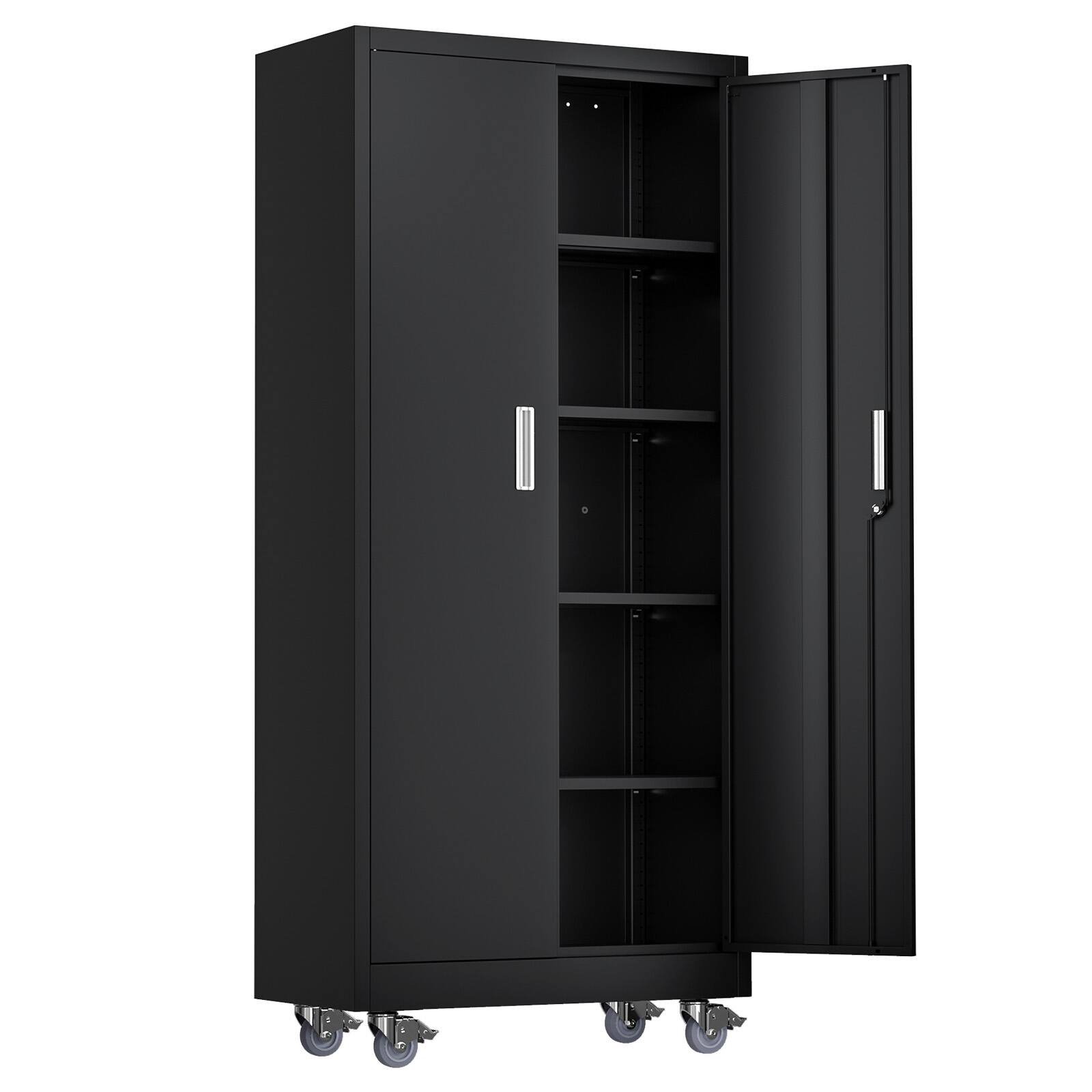 Left. Winado - Metal Storage Cabinet with 2 Doors, 4 Adjustable Shelves, 750 lbs Capacity, 360° Swivel Wheels for Garage, Office, Home - Black.