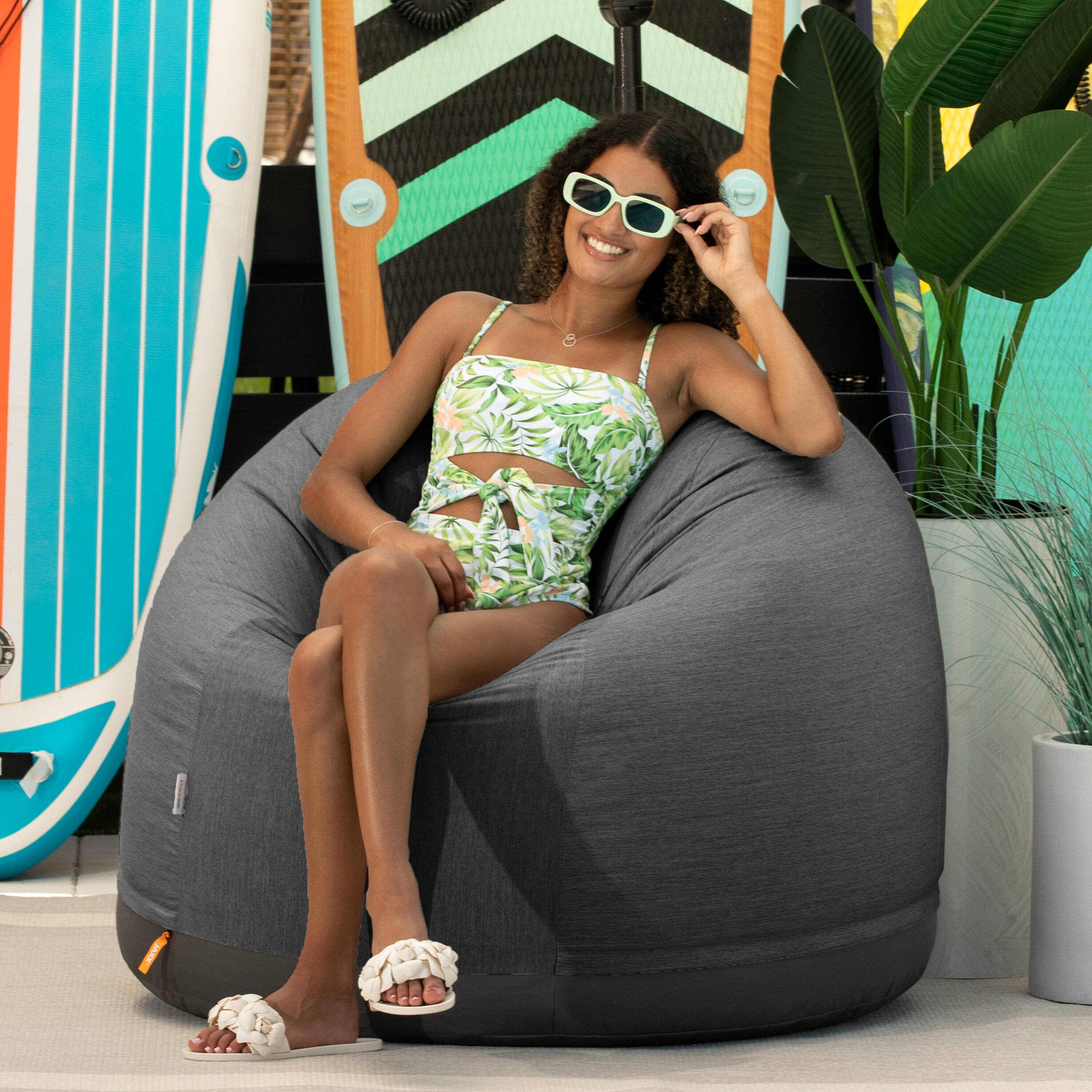 Angle. Jaxx - Jaxx Palmetto Large Round Outdoor Bean Bag Club Chair - Charcoal Sunbrella - Charcoal.