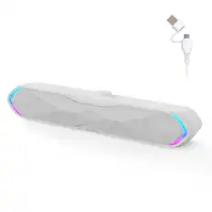 Front. PRIMEPLUS - 6W Bluetooth 5.3 Wireless Soundbar for Desktop with USB Plug and Play RGB Lighting and Wired Control Knob - White.