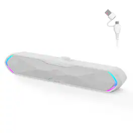 PRIMEPLUS - 6W Bluetooth 5.3 Wireless Soundbar for Desktop with USB Plug and Play RGB Lighting and Wired Control Knob - White