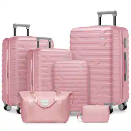 HTUTWOO - Luggage Sets 6 Piece with Duffel Bags - Hardside Expandable Suitcases with Spinner Wheels TSA Lock - Light Pink