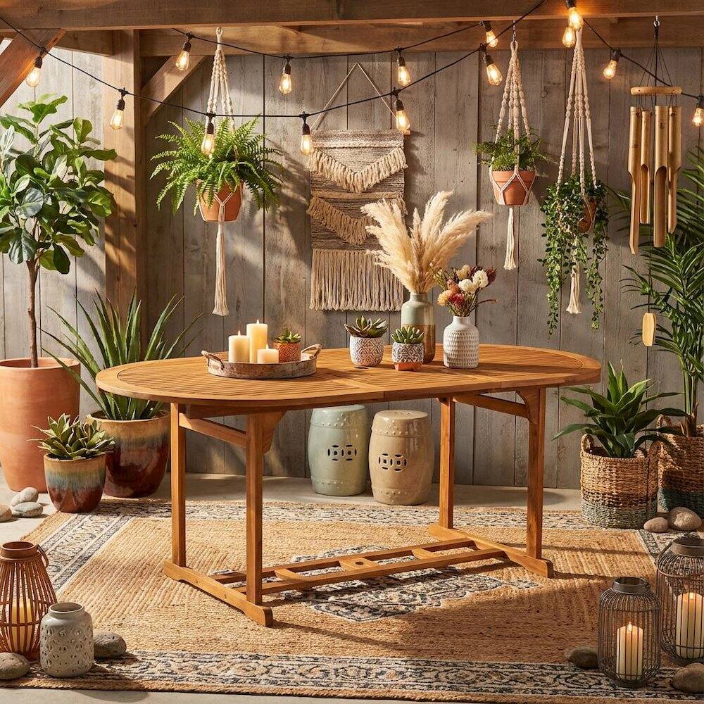 Alt View 3. Outdoor Escape - 7-Piece Outdoor Patio Dining Set Nature-Tone Oil Finish Durable Wood Seating - Brown.