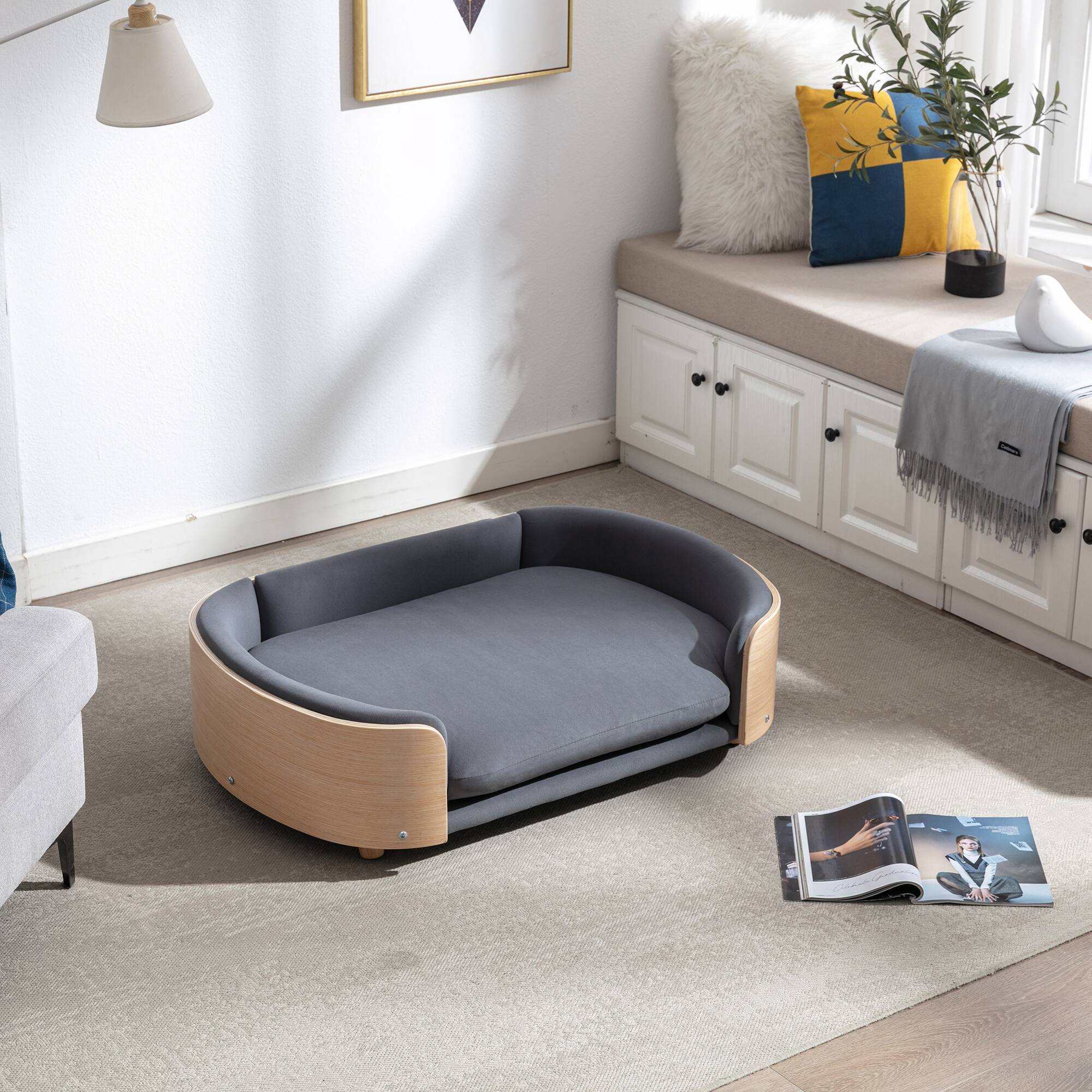 Back. APRILSOUL - Scandinavian style Elevated Dog Bed Pet Sofa With Solid Wood legs and Bent Wood Back Velvet Cushion Large Size - DARK GREY.