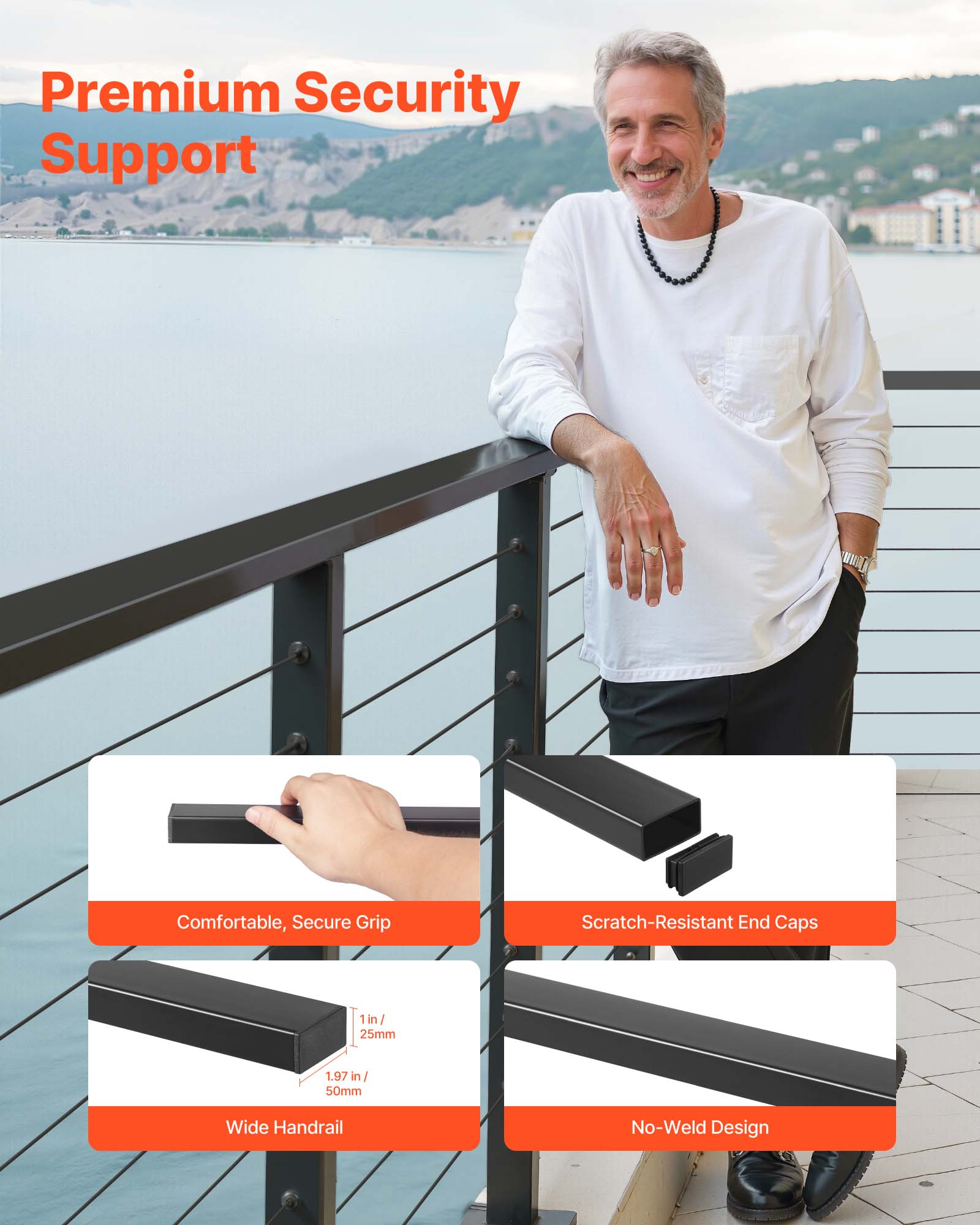 Premium Security Support

- Comfortable, Secure Grip
- Wide Handrail
  - 1 in / 25mm
  - 1.97 in / 50mm
- Scratch-Resistant End Caps
- No-Weld Design