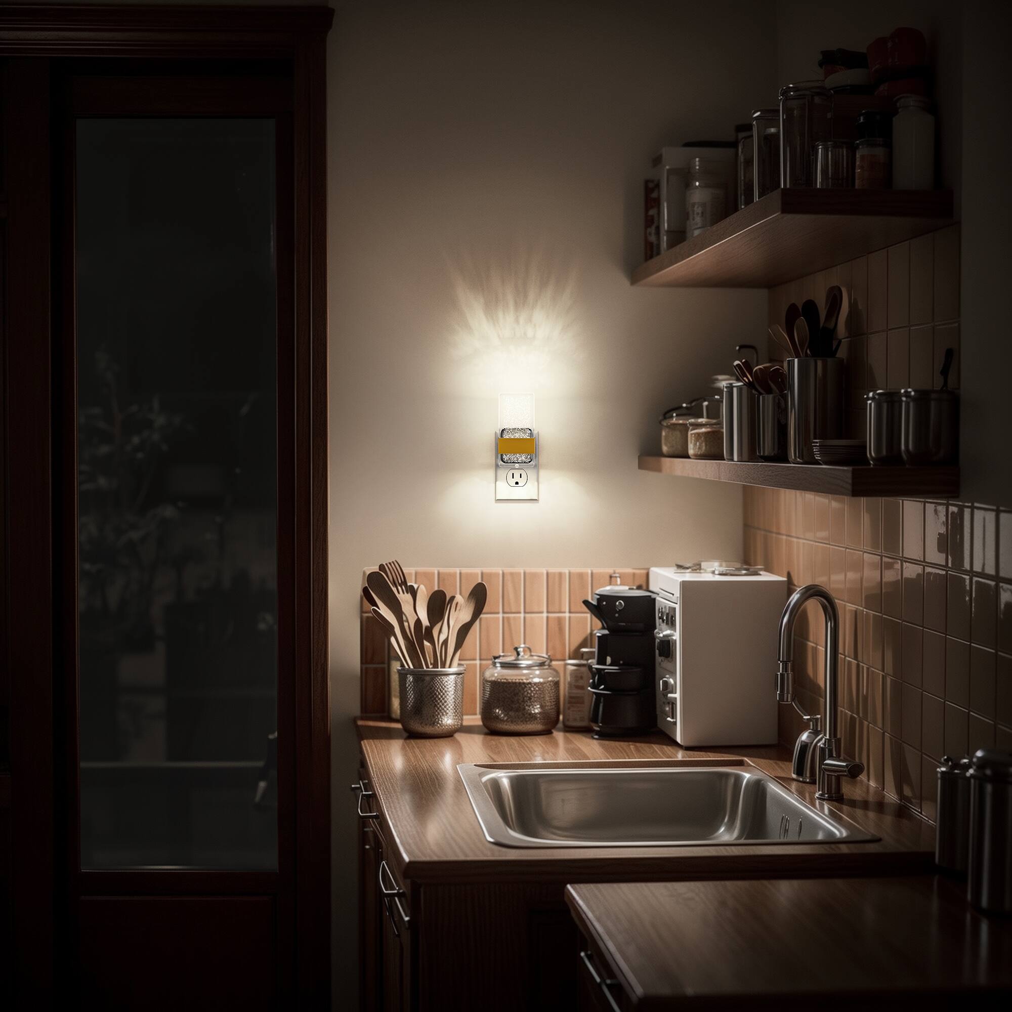 Left. Jandcase - JANDCASE 2-Pack 1W  Plug-in Night Light, 5000K Daylight White, Acrylic Square Pillar,Up/Down Light, - Black and Gold.