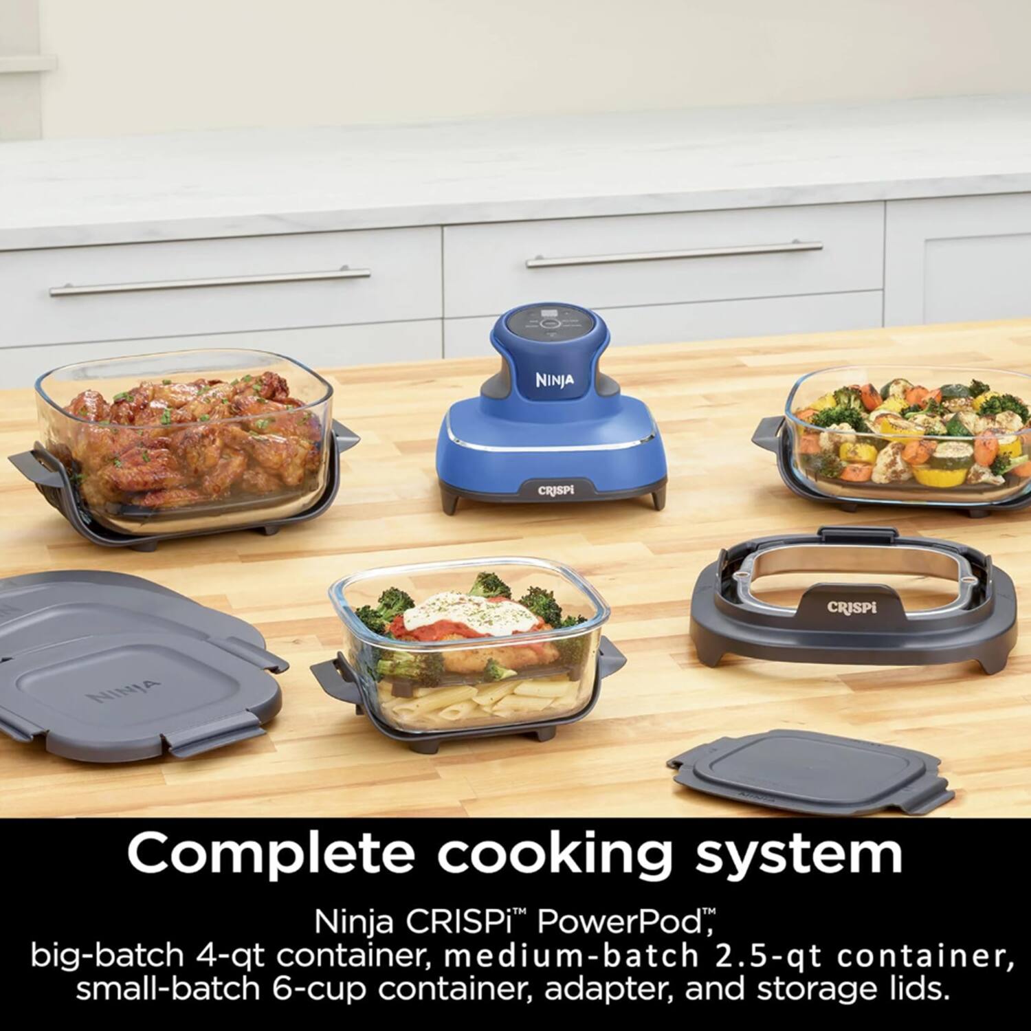 NINJA CRISPI Complete cooking system Ninja CRISPi PowerPod, big-batch 4-qt container, medium-batch 2.5-qt container, small-batch 6-cup container, adapter, and storage lids.