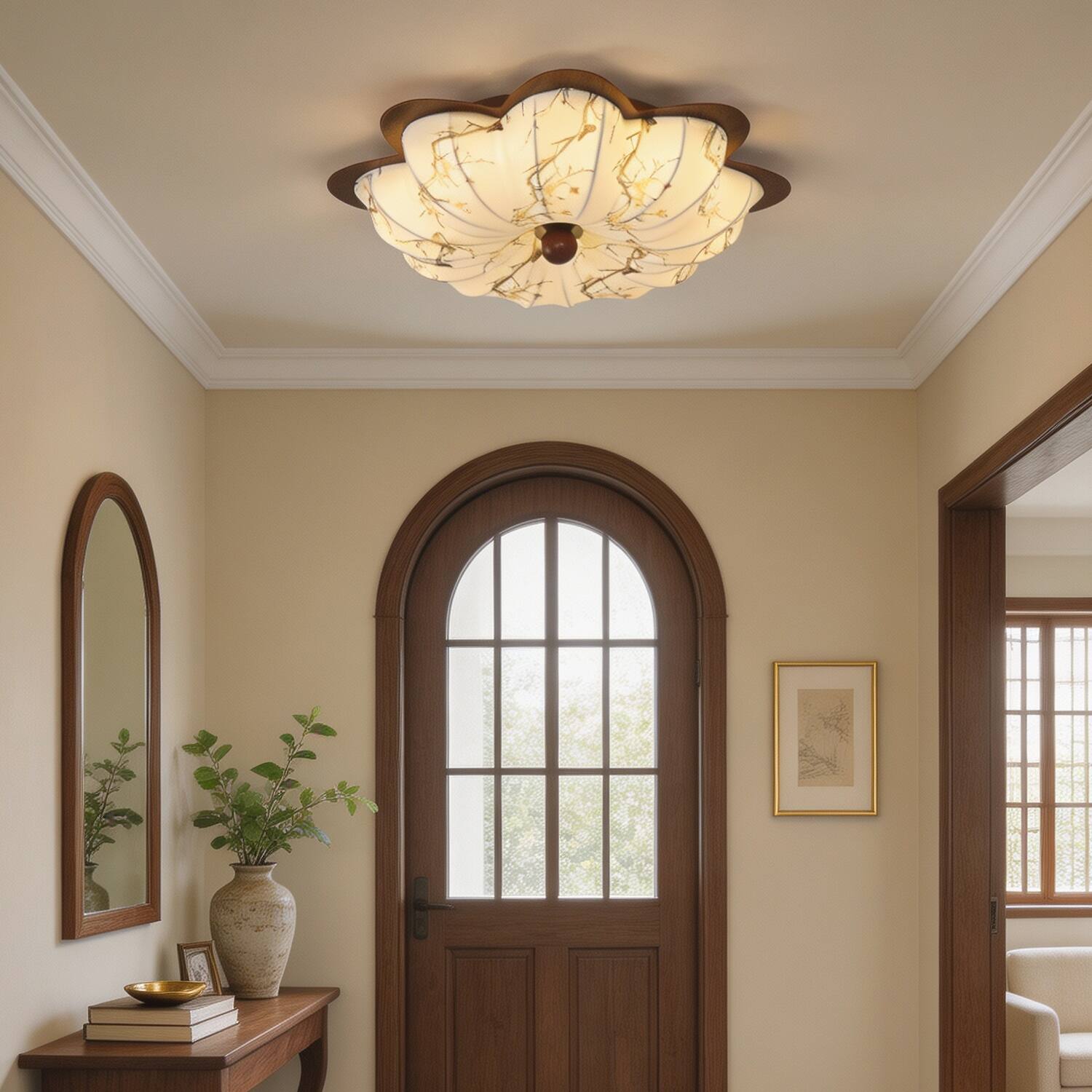 Left. Umeiluce - 19.7" Vintage LED Flush Mount Ceiling Light with Floral Fabric Shade Dimmable - Walnut.