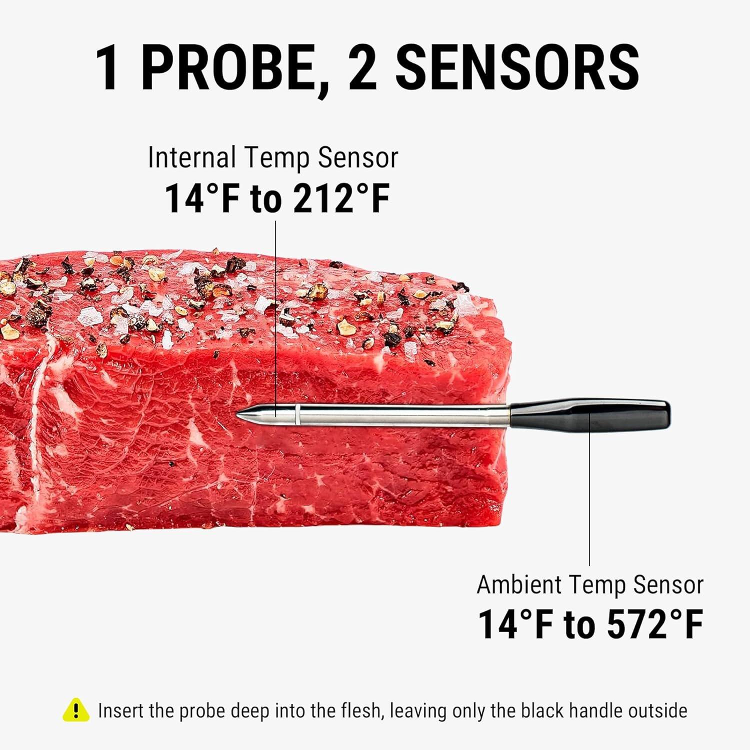 1 PROBE, 2 SENSORS

Internal Temp Sensor  
14°F to 212°F

Ambient Temp Sensor  
14°F to 572°F

Insert the probe deep into the flesh, leaving only the black handle outside