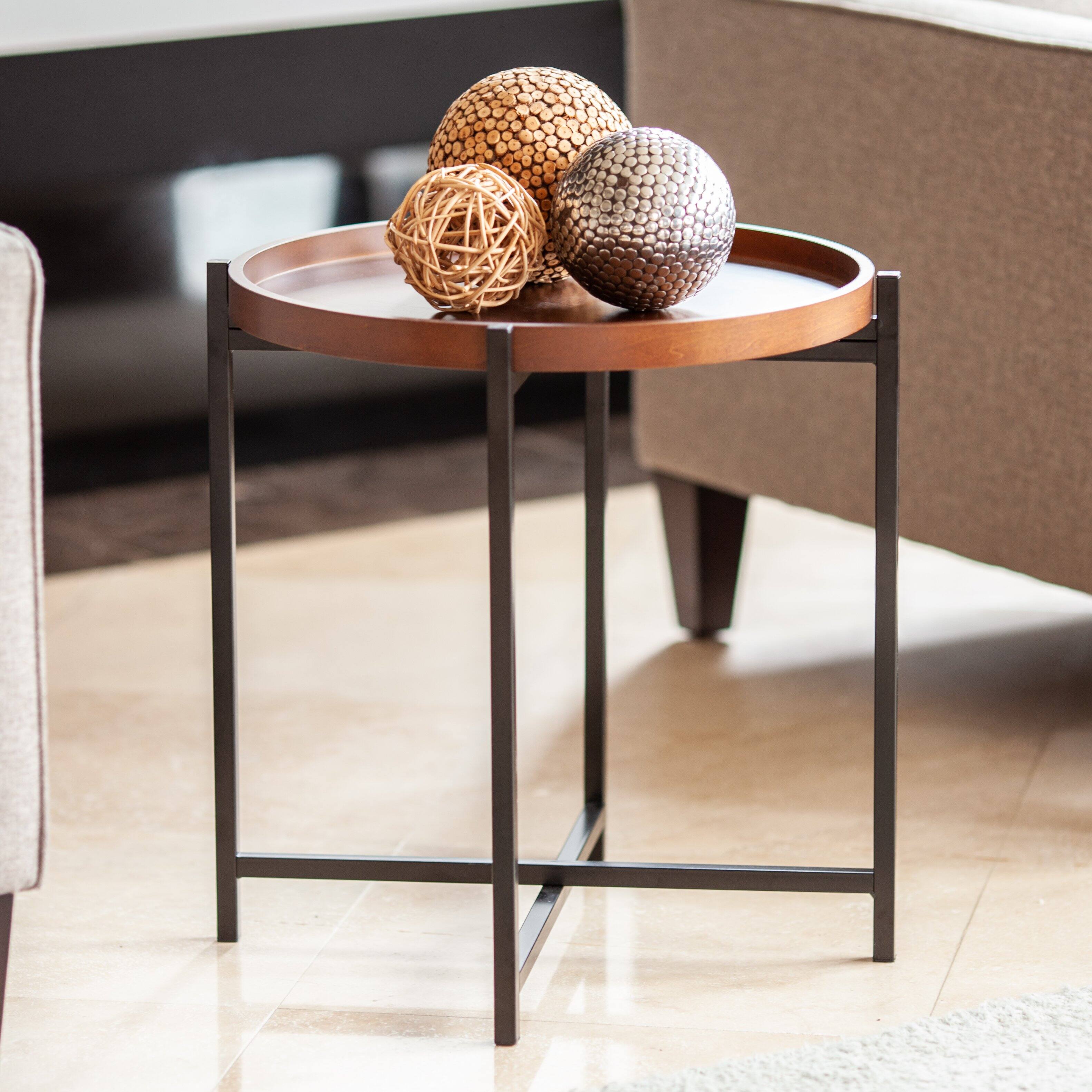 Angle. Danya B - Mid-century Modern Round Side Table with Removable Wood Tray - Black, Walnut.