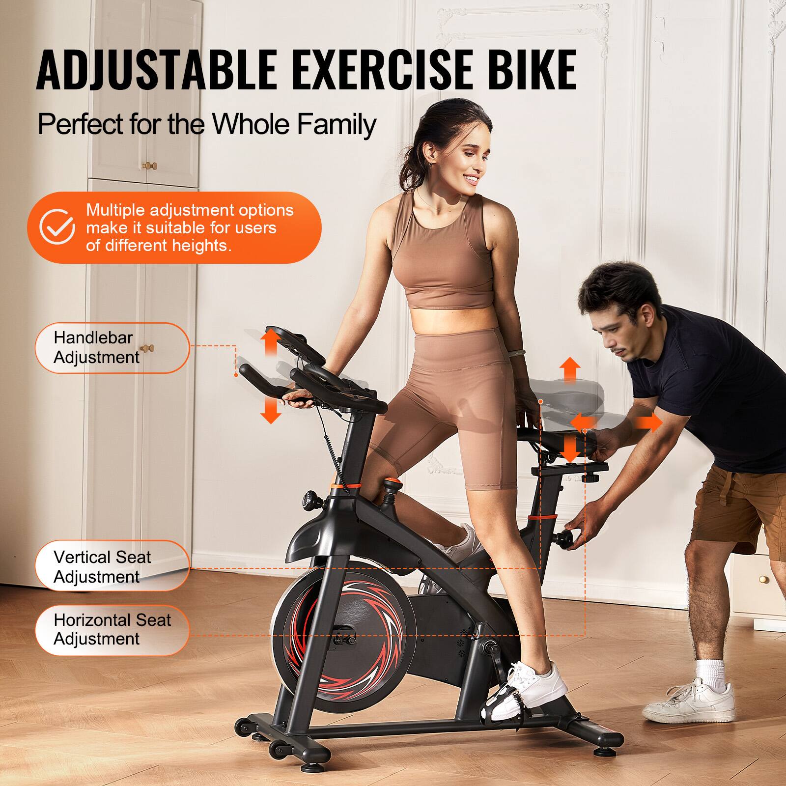 ADJUSTABLE EXERCISE BIKE  
Perfect for the Whole Family  

Multiple adjustment options make it suitable for users of different heights.  

- Handlebar Adjustment  
- Vertical Seat Adjustment  
- Horizontal Seat Adjustment