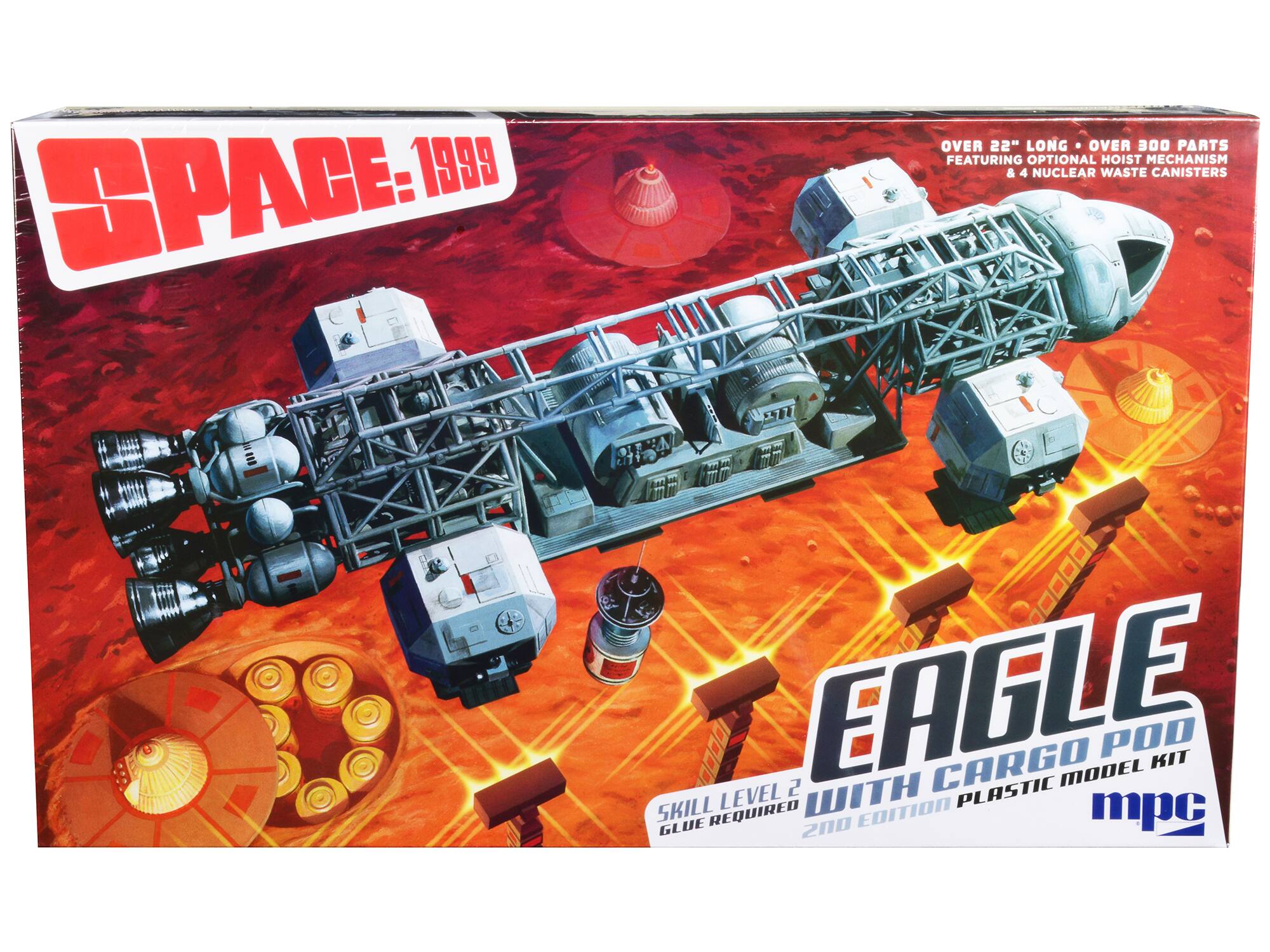 1999 SPACE: 1999  
EAGLE WITH CARGO POD  
PLASTIC MODEL KIT  
SKILL LEVEL 2  
GLUE REQUIRED  
2ND EDITION  
mpc  

OVER 22" LONG • OVER 300 PARTS  
FEATURING OPTIONAL HOIST MECHANISM & 4 NUCLEAR WASTE CANISTERS