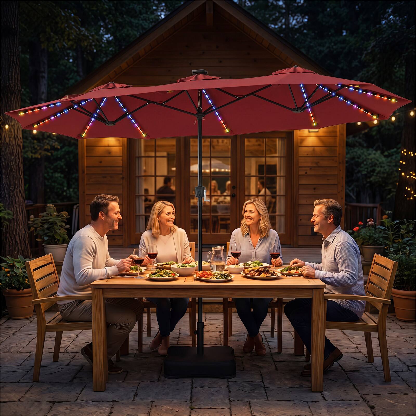 Alt View 3. Gymax - Gymax 13 FT Double-Sided Patio Umbrella w/108 Multi-Color LED Lights Base Included Wine - Red.