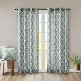 BreeBe - Fretwork Print Grommet Top Window Curtain Panel(Only 1 Pc Panel) - Seafoam + White