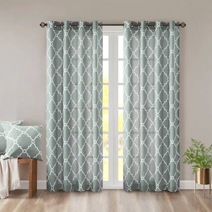 Front. BreeBe - Fretwork Print Grommet Top Window Curtain Panel(Only 1 Pc Panel) - Seafoam + White.