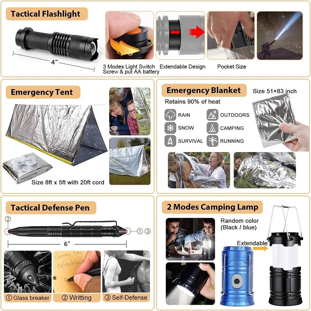 Tactical Flashlight  
- 4"  
- 3 Modes Light Switch  
- Extendable Design  
- Pocket Size  
- Screw & put AA battery  

Emergency Tent  
- Size 8ft x 5ft with 20ft cord  

Emergency Blanket  
- Size 51x83 inch  
- Retains 90% of heat  
- RAIN  
- OUTDOORS  
- SNOW  
- CAMPING  
- SURVIVAL  
- RUNNING  

Tactical Defense Pen  
- 6"  
- Chrome tore extension  
- 1 Glass breaker  
- 2 Writing  
- 3 Self-Defense  

2 Modes Camping Lamp  
- Random color (Black / blue)  
- Extendable