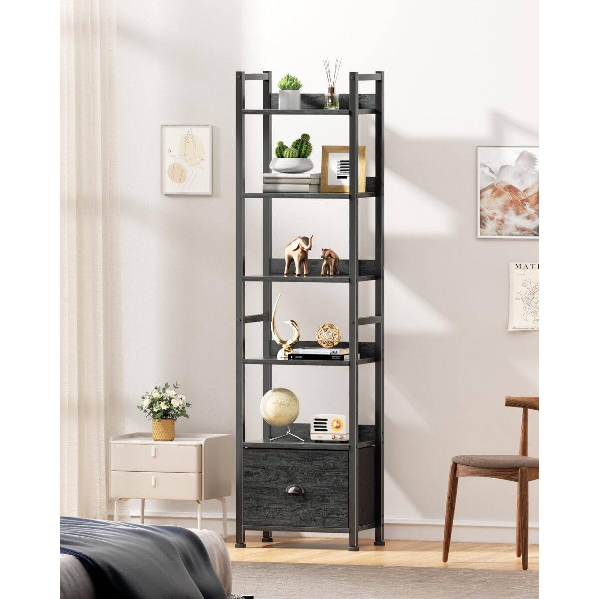 Alt View 2. Furnulem - 6 Tier Industrial Storage Bookshelf with Fabric Drawer for Bedroom Living Room Home Office - Black.