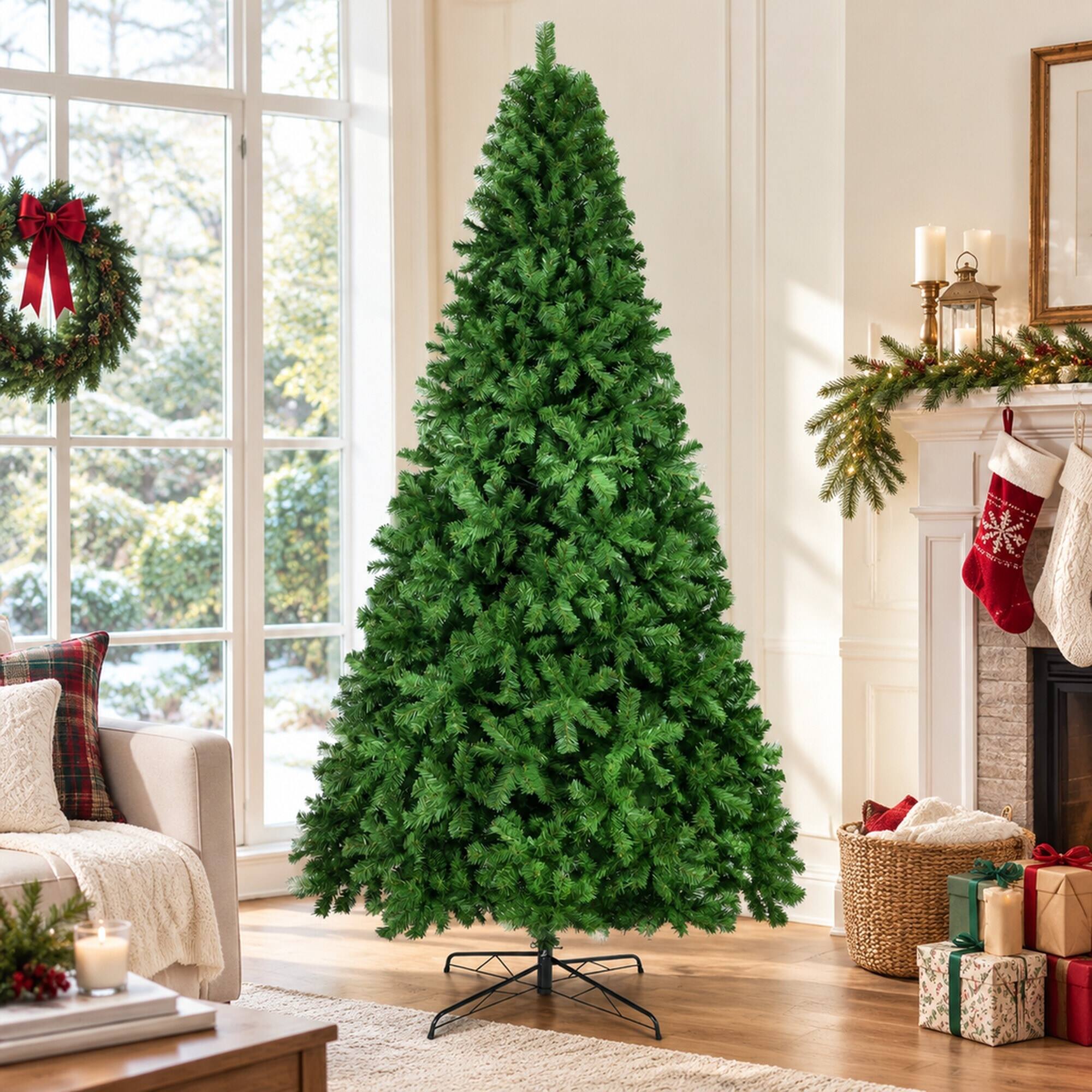 Back. RYHNUYNE - 9FT Unlit Artificial Christmas Tree With Dense Realistic Spruce Branches and Metal Base, Green - Green.