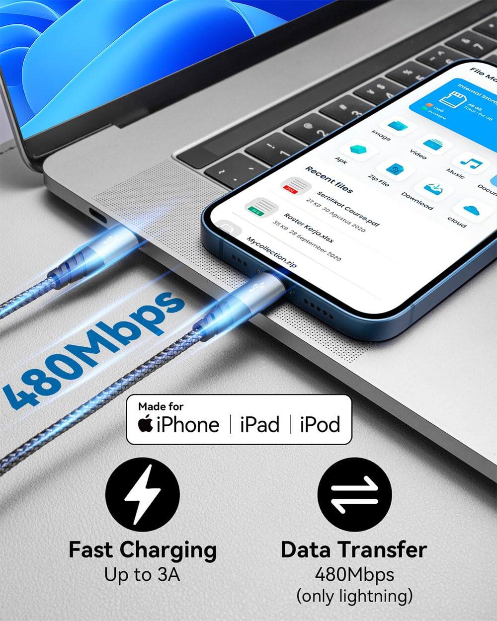 File Manager
- Internal Storage
- Recent files
- Sertifikat
- Download
- Roster Agustus Course.ppt
- Mycollection.zip
- Image
- Video
- Music
- Docun
- Zip files
- Apk
- Cloud
Made for iPhone | iPad | iPod
Fast Charging
Up to 3A
Data Transfer
480Mbps
(only lightning)