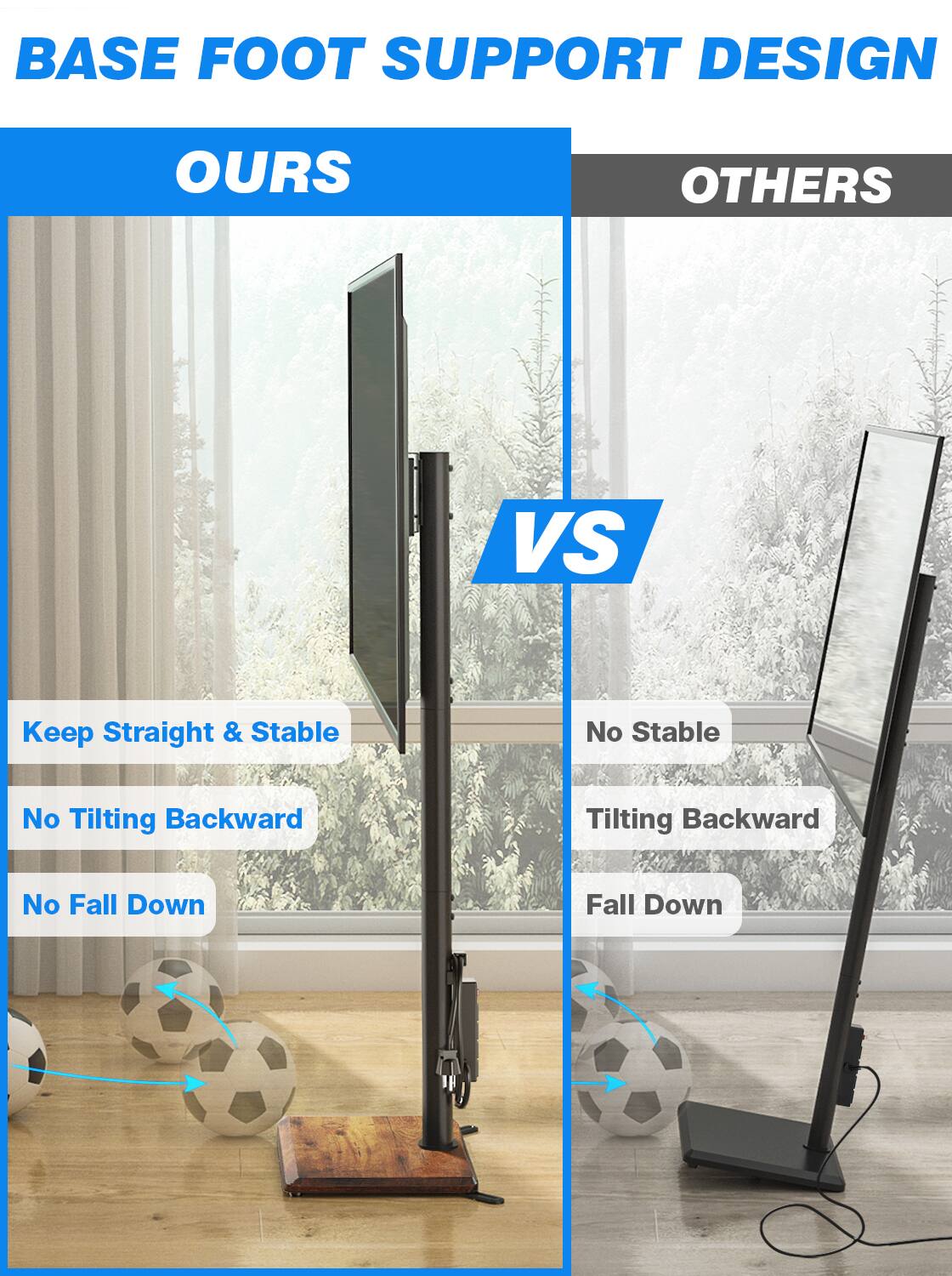 BASE FOOT SUPPORT DESIGN

OURS
- Keep Straight & Stable
- No Tilting Backward
- No Fall Down

VS

OTHERS
- No Stable
- Tilting Backward
- Fall Down