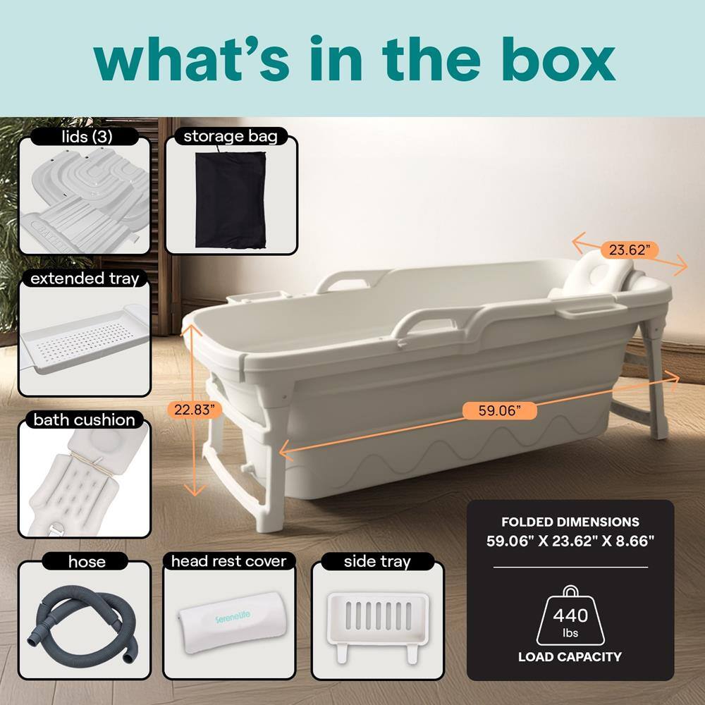 what's in the box

lids (3)
storage bag
23.62"
extended tray
bath cushion
22.83"
59.06"
hose
head rest cover
side tray
FOLDED DIMENSIONS 59.06" X 23.62" X 8.66"
Serenelite
440 lbs
LOAD CAPACITY
