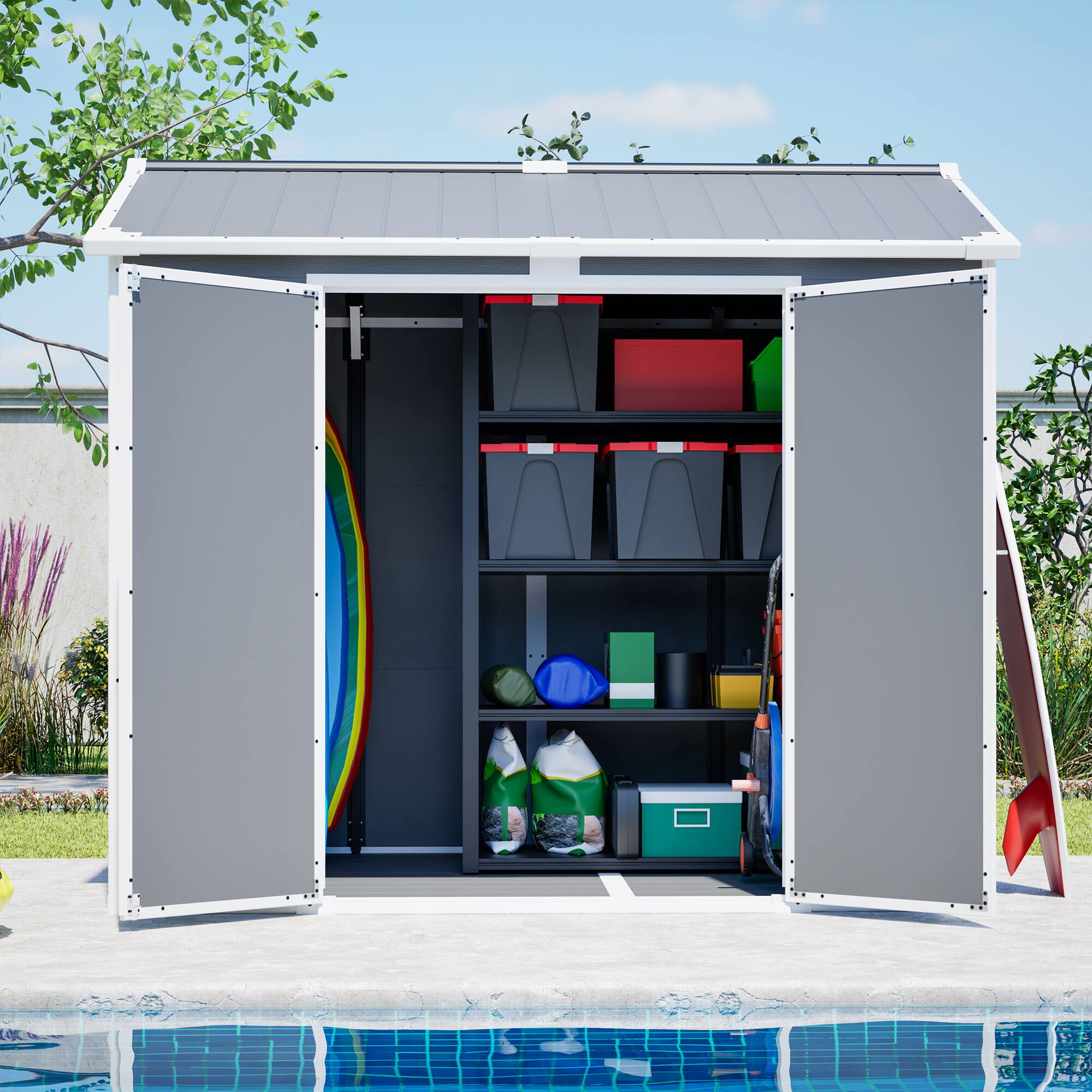 Alt View 8. Loheer - Loheer 8x6 Plastic Storage Shed with Floor Lockable Outdoor Organizer for Garden Tools and Trash Bins Gray.