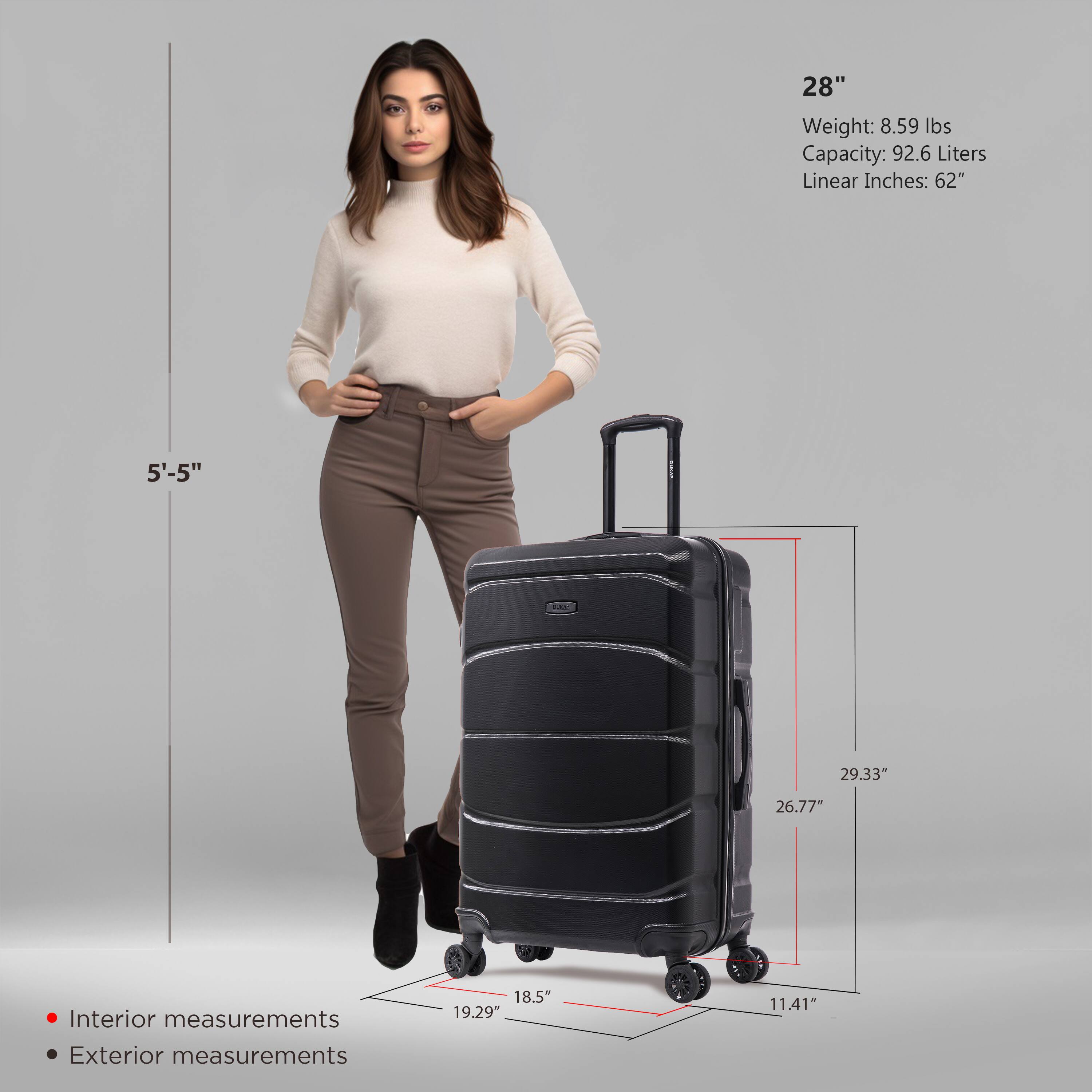 - Height: 28"
- Weight: 8.59 lbs
- Capacity: 92.6 Liters
- Linear Inches: 62"

- Interior measurements:
  - Height: 26.77"
  - Width: 19.29"
  - Depth: 11.41"

- Exterior measurements:
  - Height: 29.33"
  - Width: 18.5"
  - Depth: 11.41"

- Reference height: 5'-5"