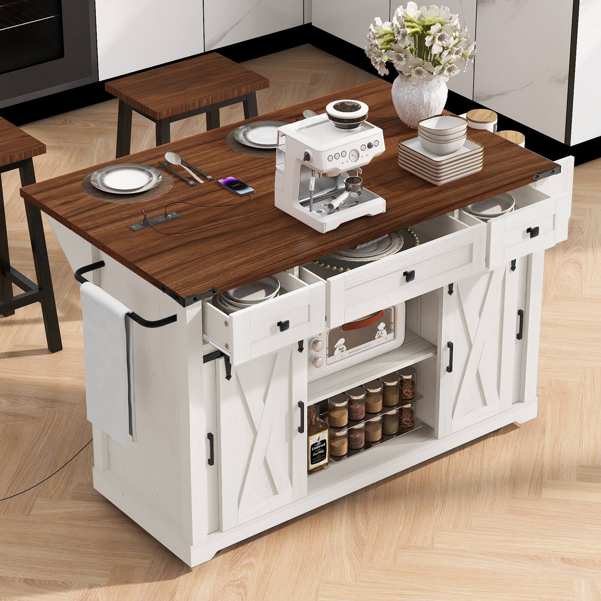Angle. PexFix - 58" Farmhouse Kitchen Island Cart with Sliding Barn Door, Drop Leaf and 5-Wheel Mobility - White.