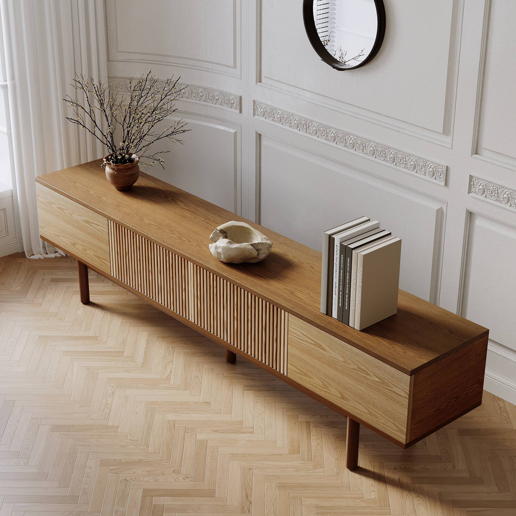 Back. luck idea - 86.6" Solid Wood TV Stand, Media Console with Storage Space - Natural Color.