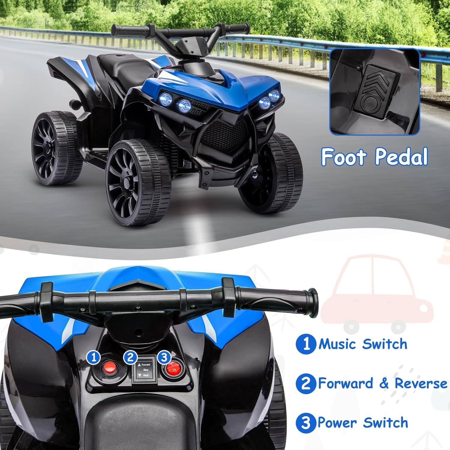 Foot Pedal

1. Music Switch
2. Forward & Reverse
3. Power Switch