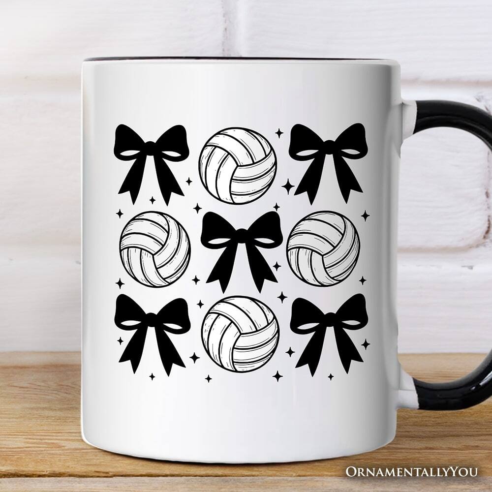 Back. OrnamentallyYou - Coquette Volleyball Bows Mug, Cute Athletic Sports Game Day Gift - White.