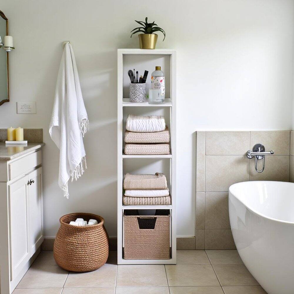 Left. FurniFact - White Wood 4 Cube Storage Organizer with Open Back Vertical Cube Storage - White.